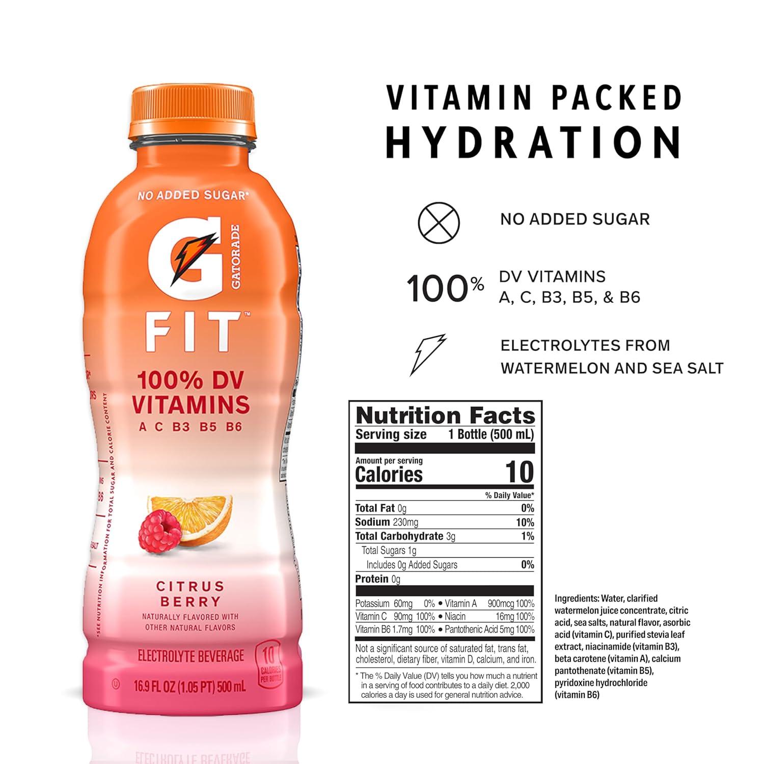 imageGatorade Fit Electrolyte Beverage Healthy Real Hydration New 20 4 Flavor Variety Pack 169oz Bottles 12 PackCitrus Berry