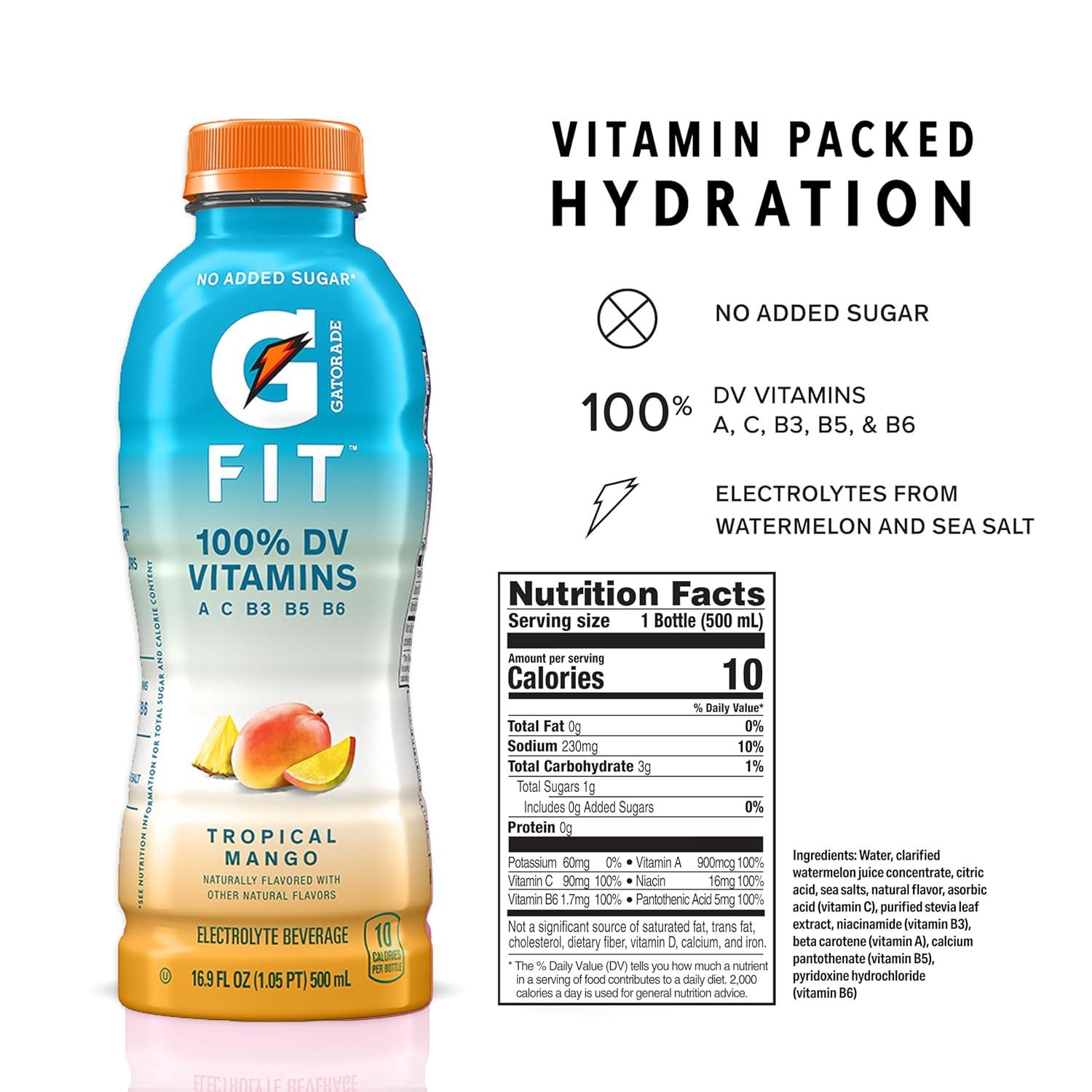 imageGatorade Fit Electrolyte Beverage Healthy Real Hydration New 20 4 Flavor Variety Pack 169oz Bottles 12 PackTropical Mango