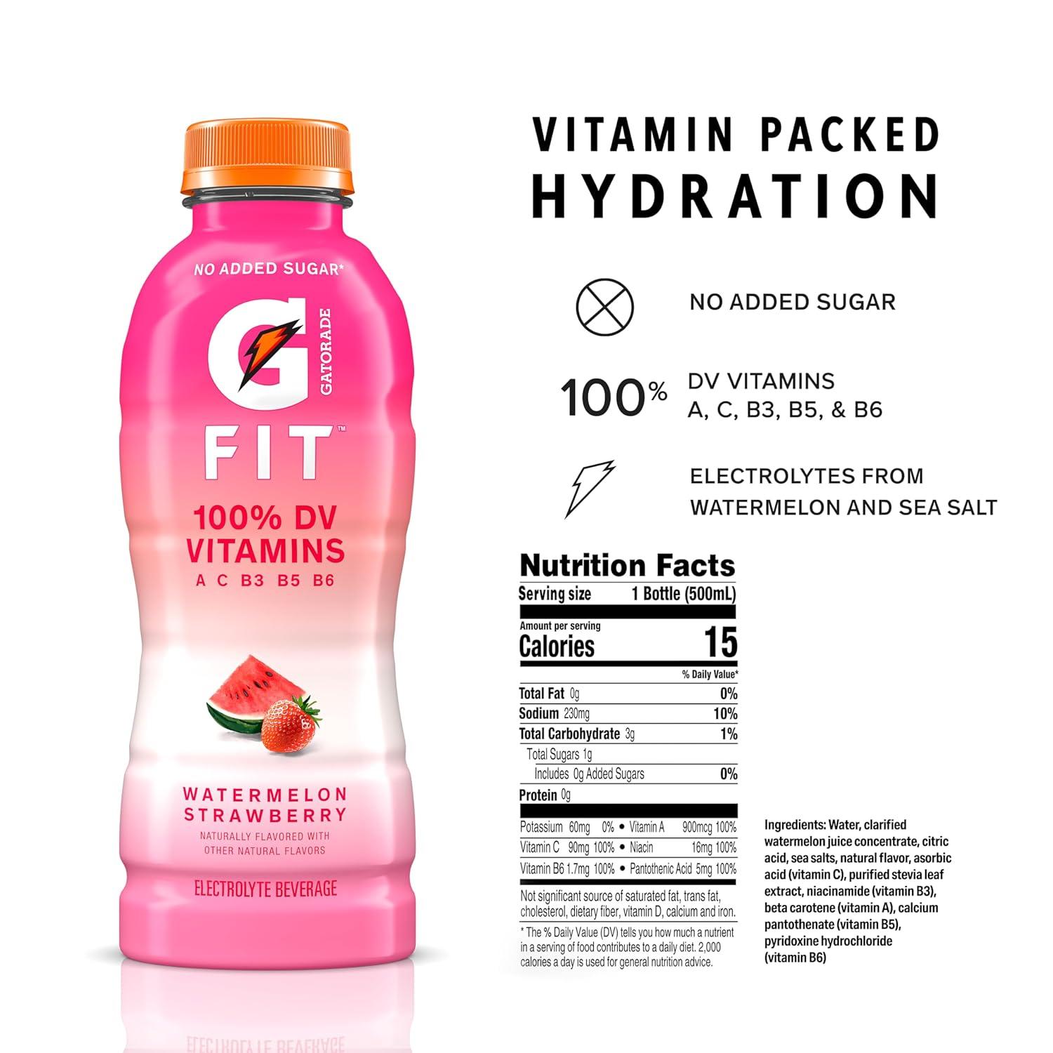 imageGatorade Fit Electrolyte Beverage Healthy Real Hydration New 20 4 Flavor Variety Pack 169oz Bottles 12 PackWatermelon Strawberry