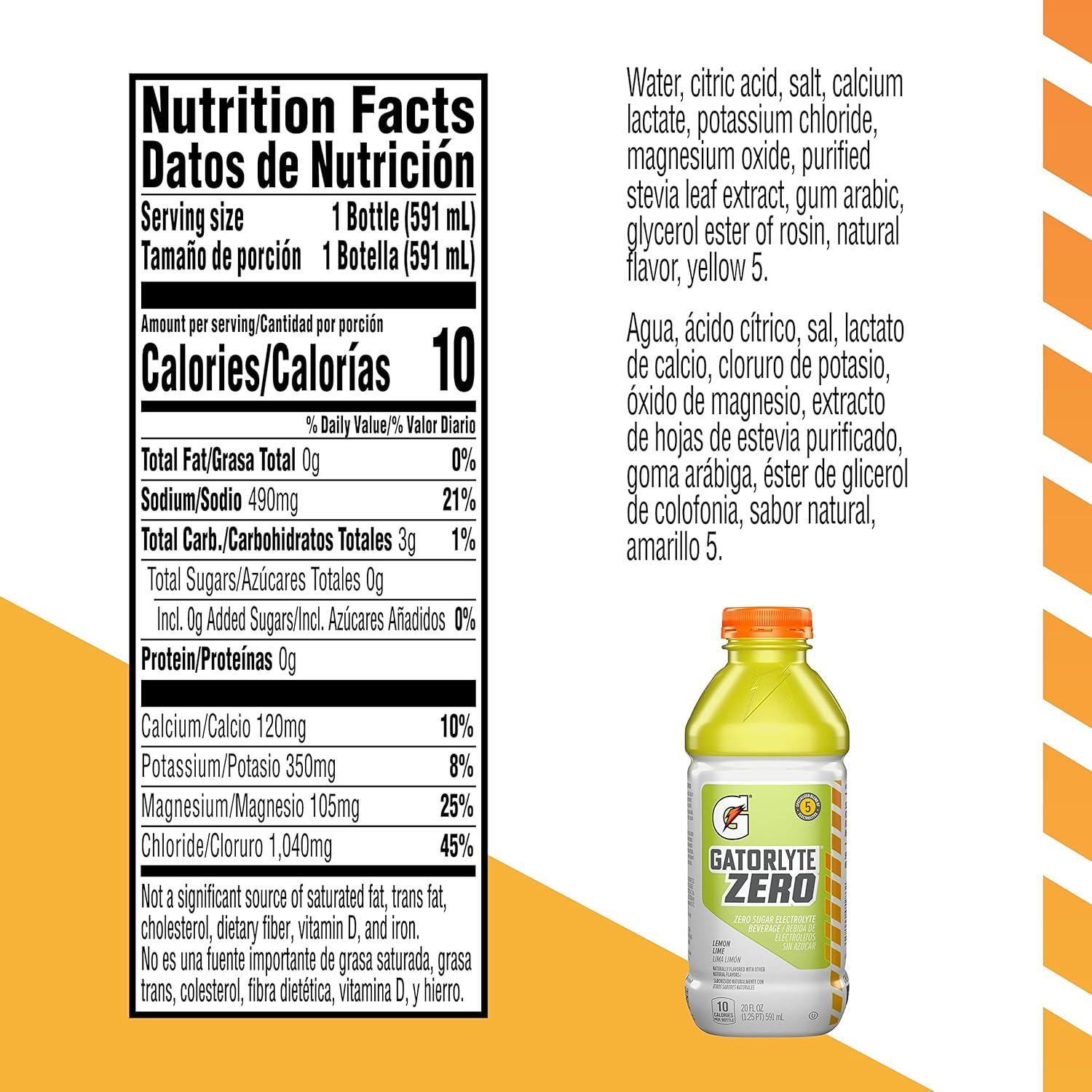 imageGatorlyte Zero Electrolyte Beverage Strawberry Kiwi Zero Sugar Hydration Specialized Blend of 5 Electrolytes No Artificial Sweeteners or Flavors 20 Oz Bottles Pack of 12Zero Lemon Lime