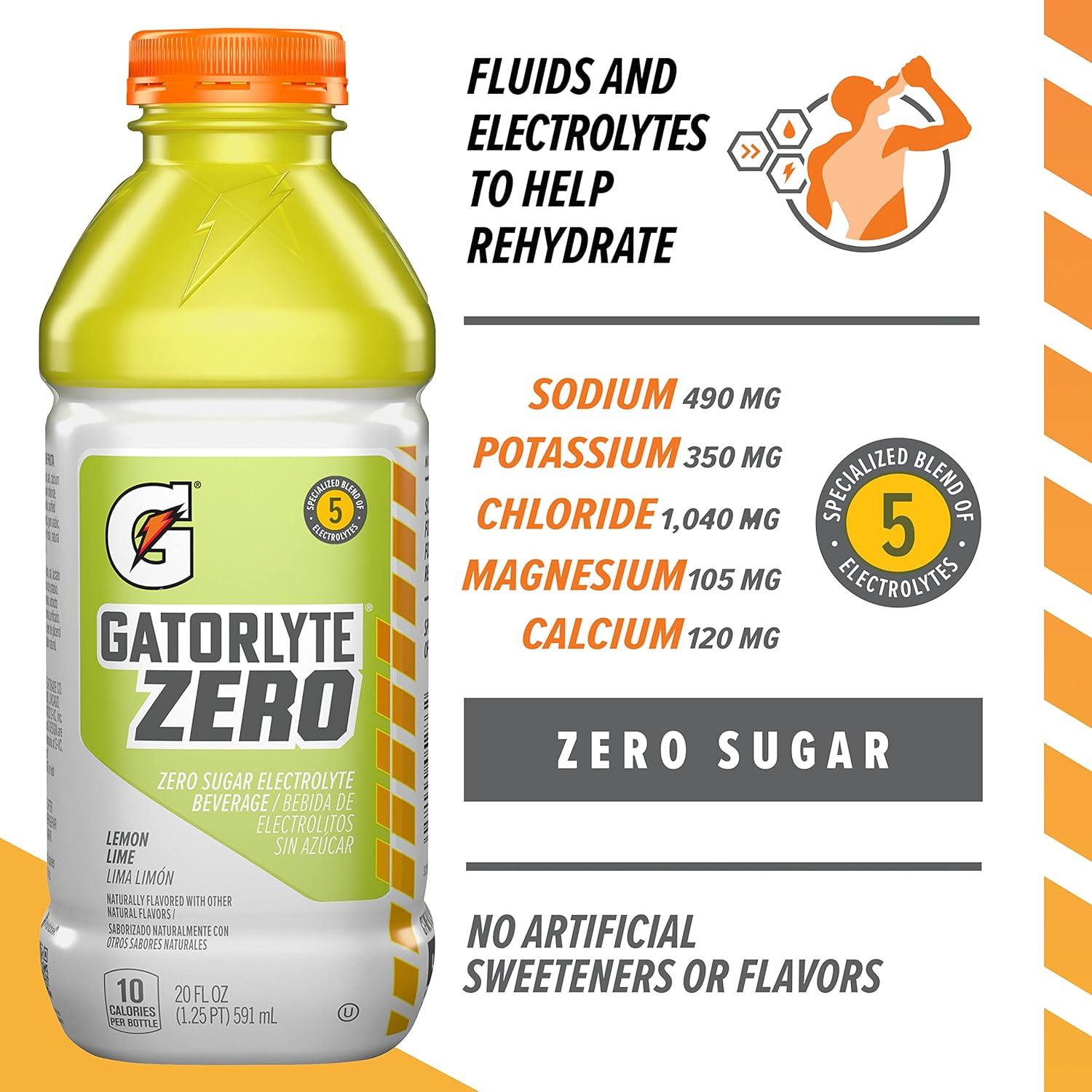 imageGatorlyte Zero Electrolyte Beverage Strawberry Kiwi Zero Sugar Hydration Specialized Blend of 5 Electrolytes No Artificial Sweeteners or Flavors 20 Oz Bottles Pack of 12Zero Lemon Lime