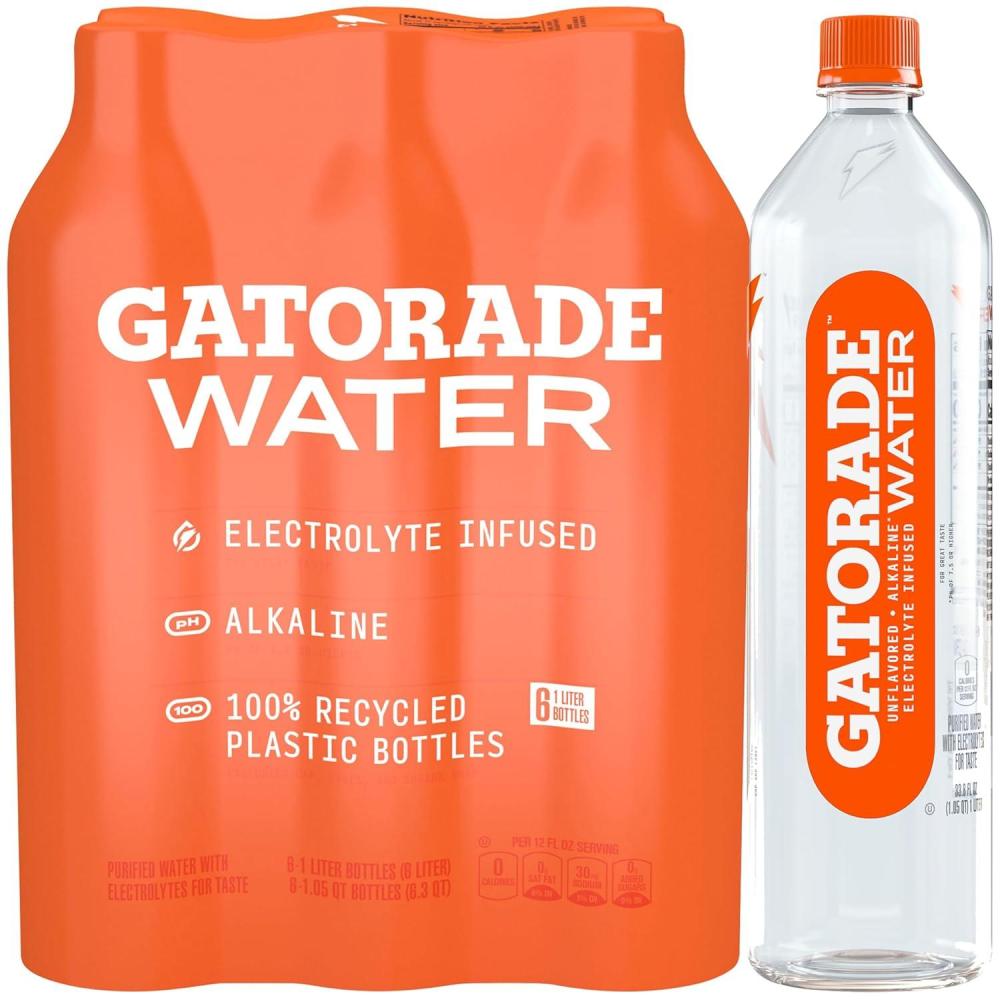 imageGatorade Water Electrolyte Infused for Great Taste Alkaline PH 75 or higher Unflavored 1L Pack of 6Unflavored