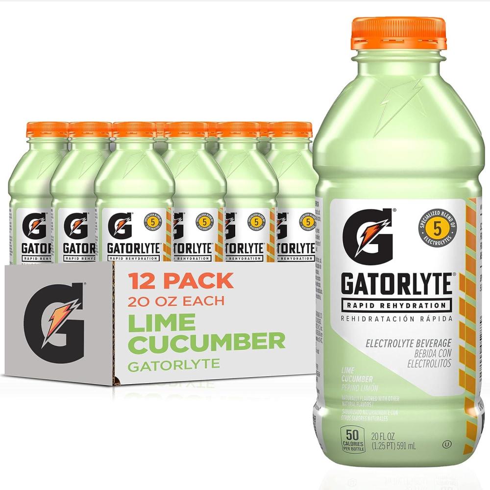 imageGatorlyte Rapid Rehydration Electrolyte Beverage Orange 20oz Bottles 12 PackLime Cucumber