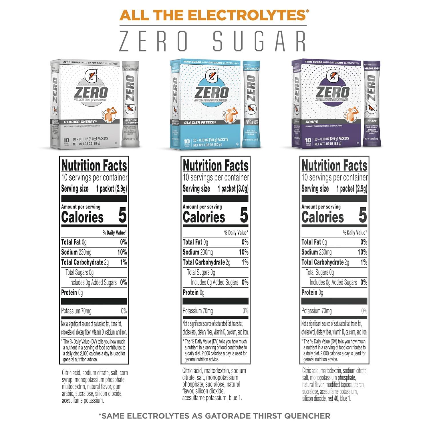 imageGatorade G Zero Sports Drink Mix Powder Packets 3 Flavor Frost Variety Pack Electrolyte Powder Drink Mix for Hydration Zero Sugar 30 Total PacketsFrost Variety