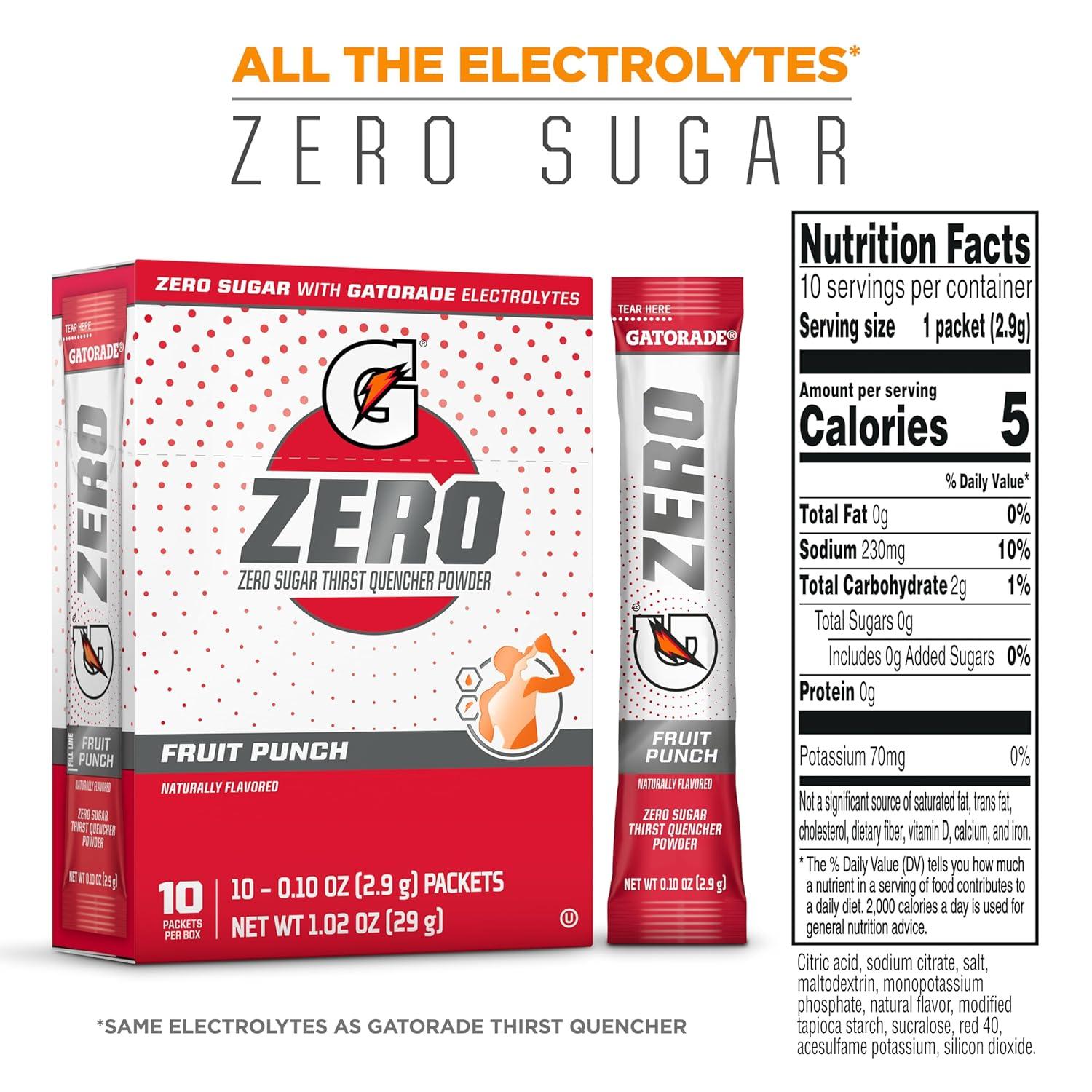 imageGatorade G Zero Sports Drink Mix Powder Packets Fruit Punch Electrolyte Powder Drink Mix for Hydration Zero Sugar Total 120 PacketsFruit Punch