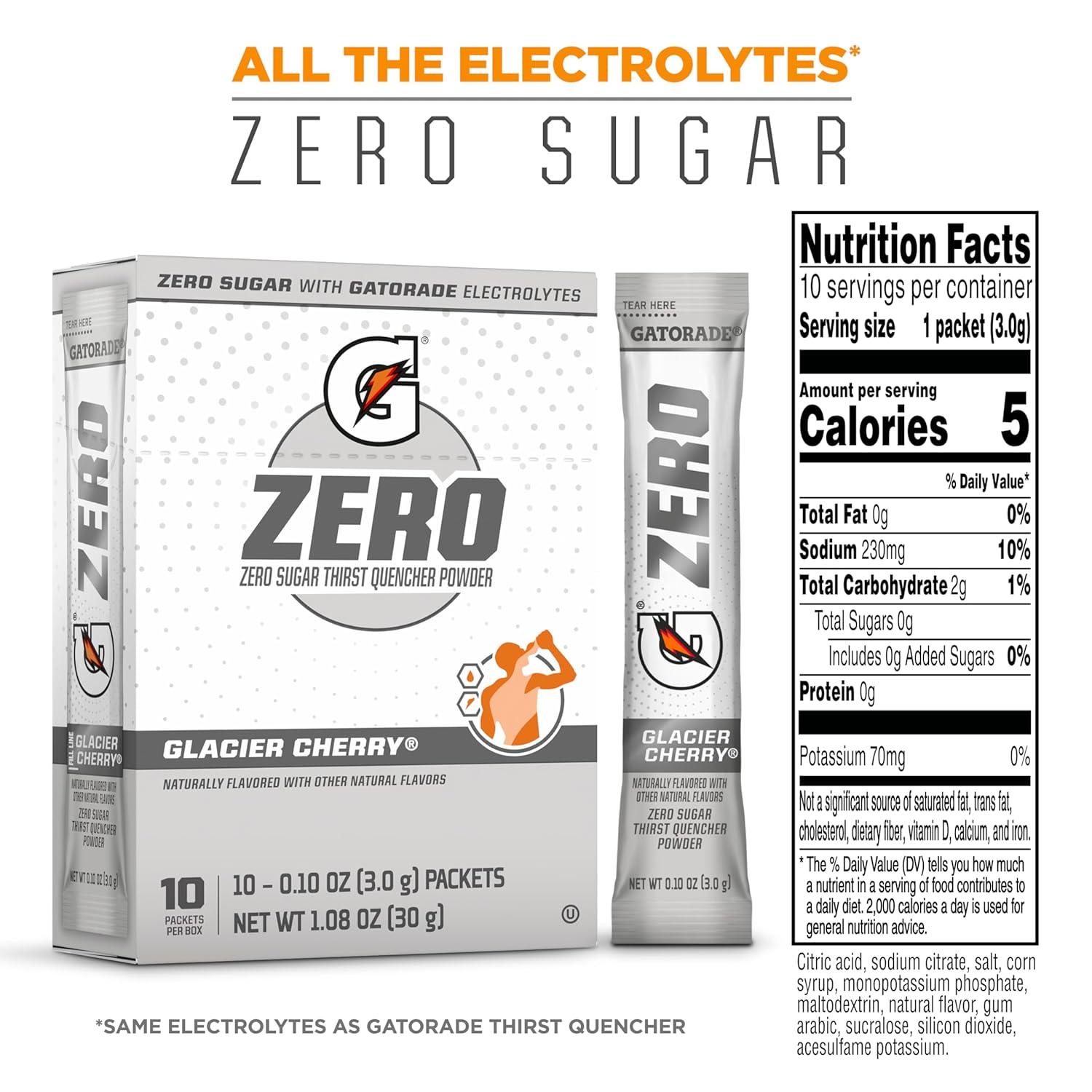 imageGatorade G Zero Sports Drink Mix Powder Packets Fruit Punch Electrolyte Powder Drink Mix for Hydration Zero Sugar Total 120 PacketsGlacier Cherry