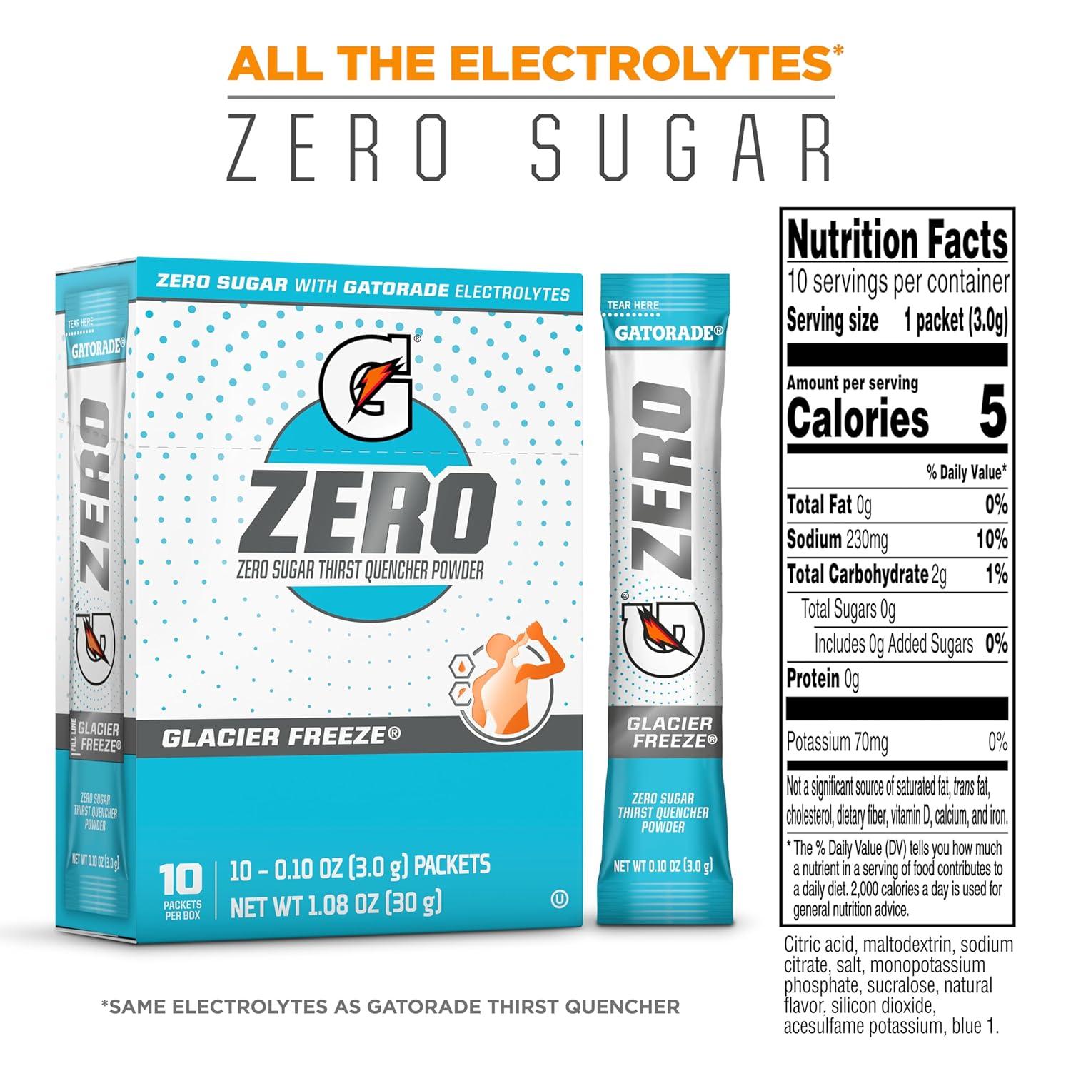 imageGatorade G Zero Sports Drink Mix Powder Packets Fruit Punch Electrolyte Powder Drink Mix for Hydration Zero Sugar Total 120 PacketsGlacier Freeze