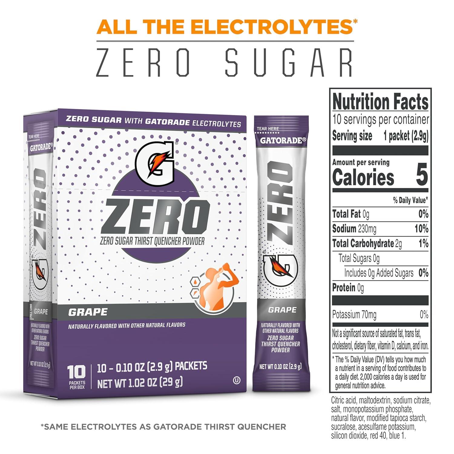 imageGatorade G Zero Sports Drink Mix Powder Packets Fruit Punch Electrolyte Powder Drink Mix for Hydration Zero Sugar Total 120 PacketsGrape