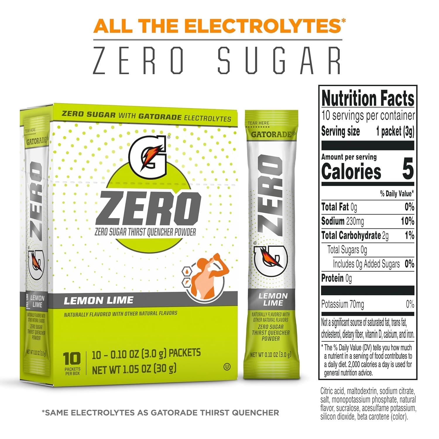 imageGatorade G Zero Sports Drink Mix Powder Packets Fruit Punch Electrolyte Powder Drink Mix for Hydration Zero Sugar Total 120 PacketsLemonLime