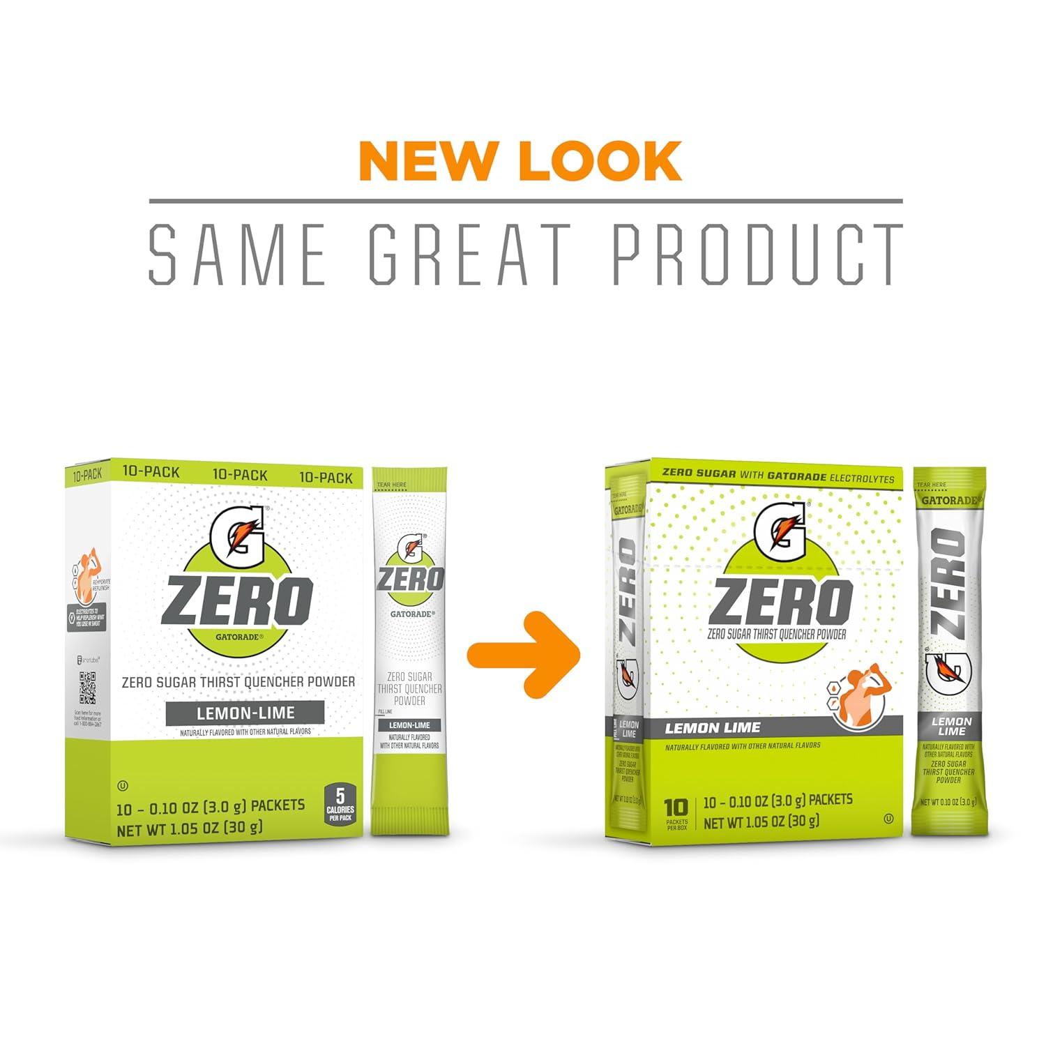 imageGatorade G Zero Sports Drink Mix Powder Packets Fruit Punch Electrolyte Powder Drink Mix for Hydration Zero Sugar Total 120 PacketsLemonLime