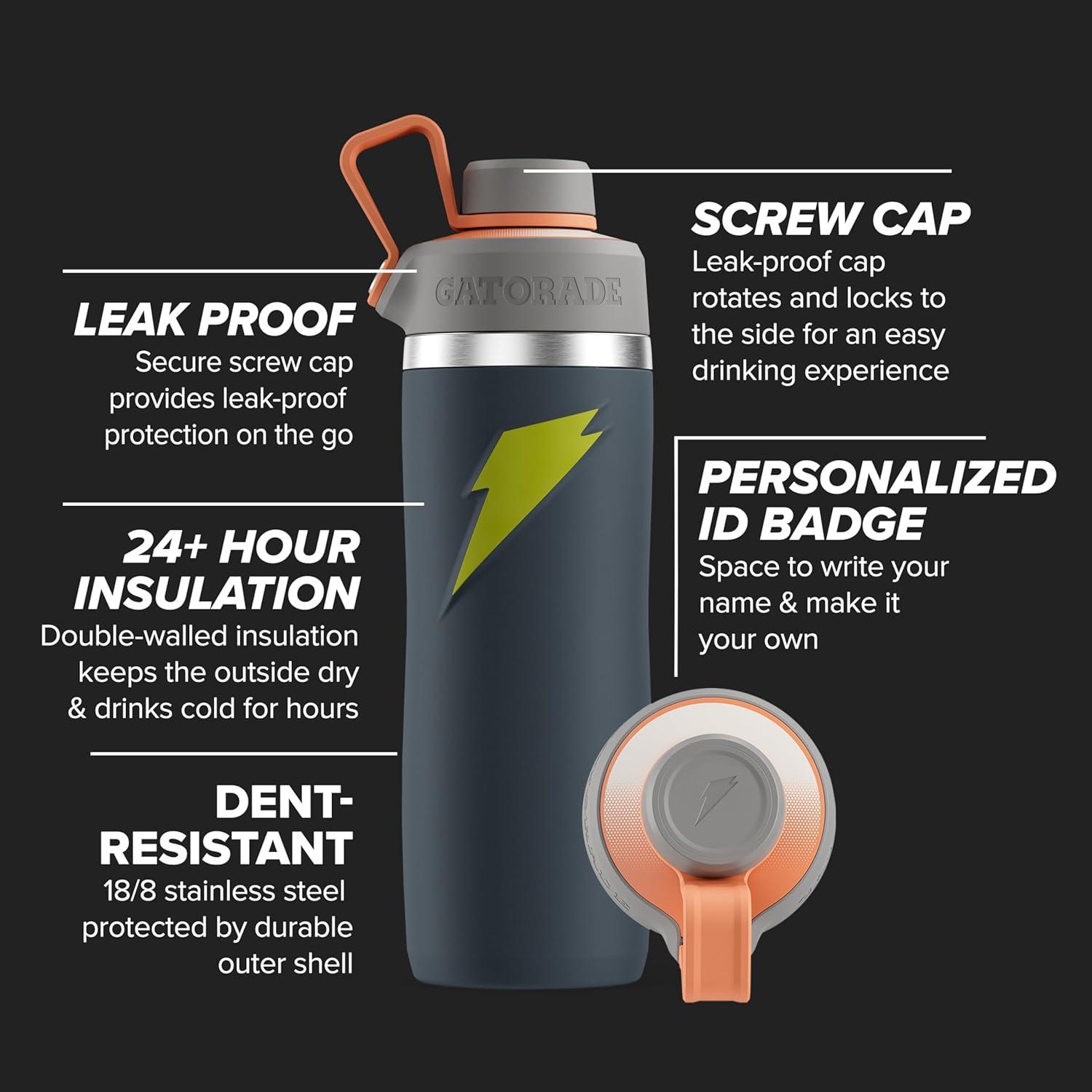 imageGatorade Overtime 22oz Stainless Steel Water Bottle Twist Cap GreyGreyNeon Yellow