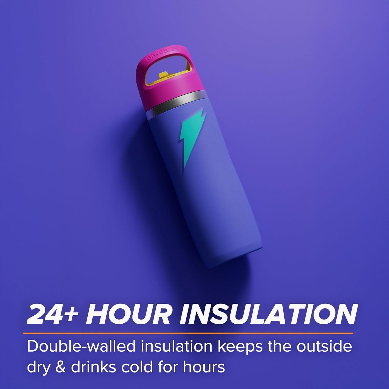 imageGatorade Overtime 22oz Stainless Steel Water Bottle Twist Cap GreyPurplePink