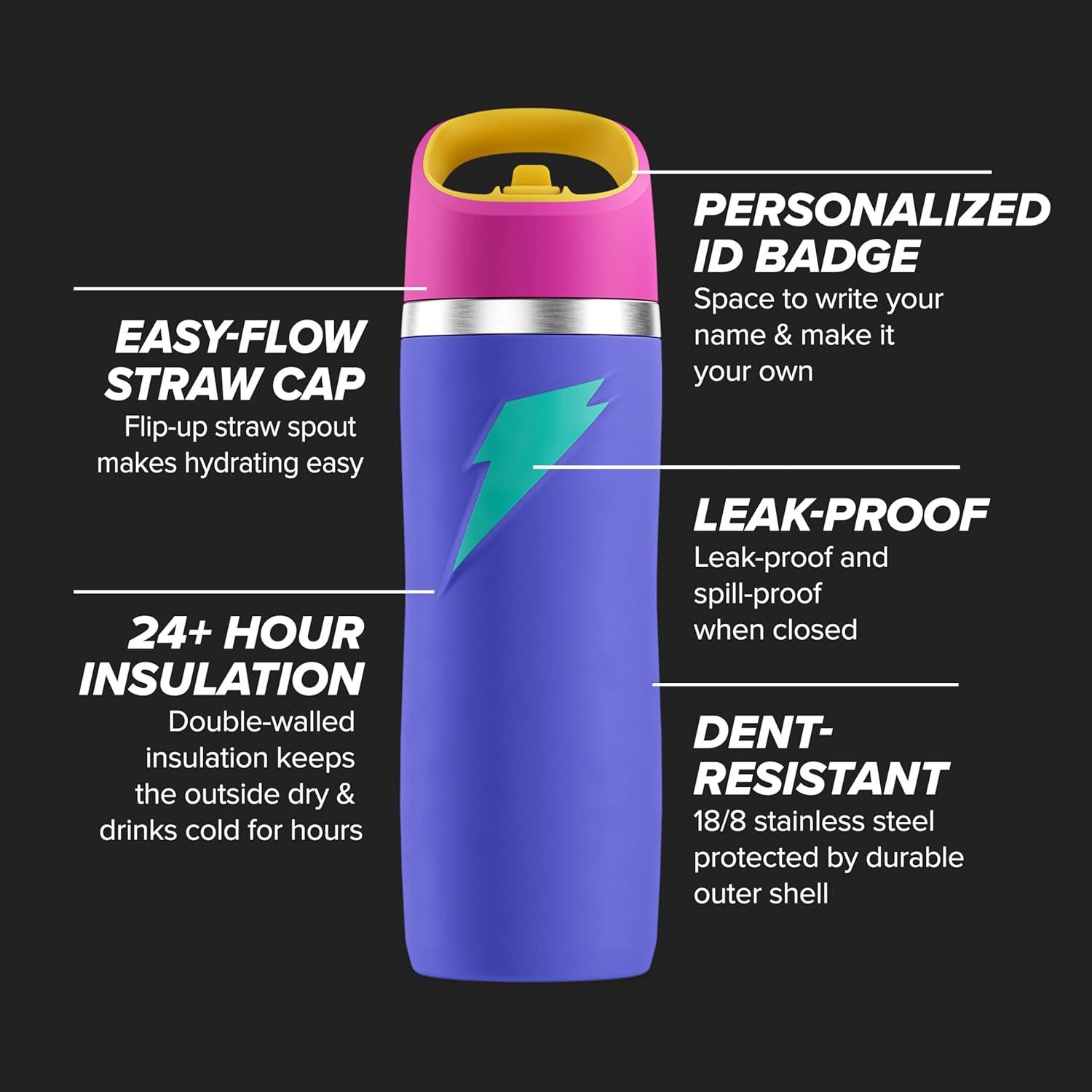 imageGatorade Overtime 22oz Stainless Steel Water Bottle Twist Cap GreyPurplePink