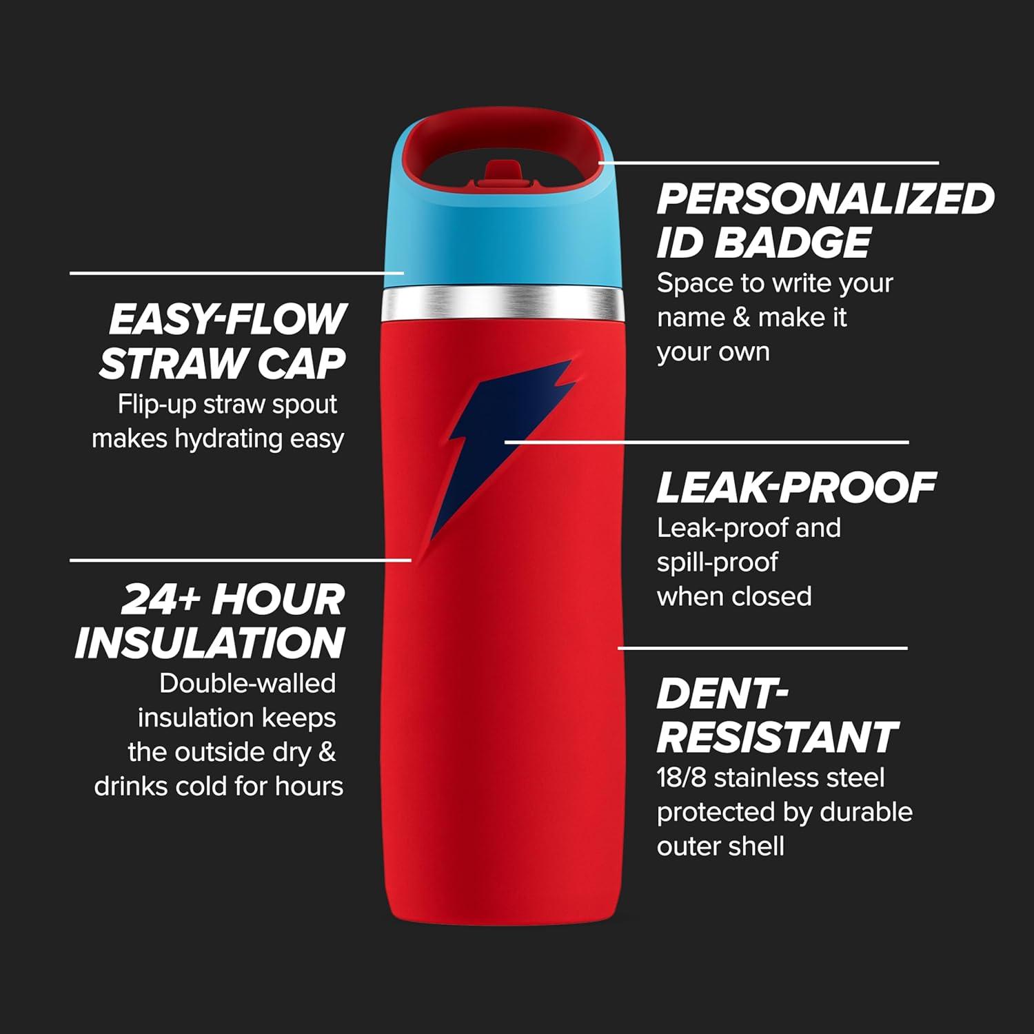 imageGatorade Overtime 22oz Stainless Steel Water Bottle Twist Cap GreyRedBlue