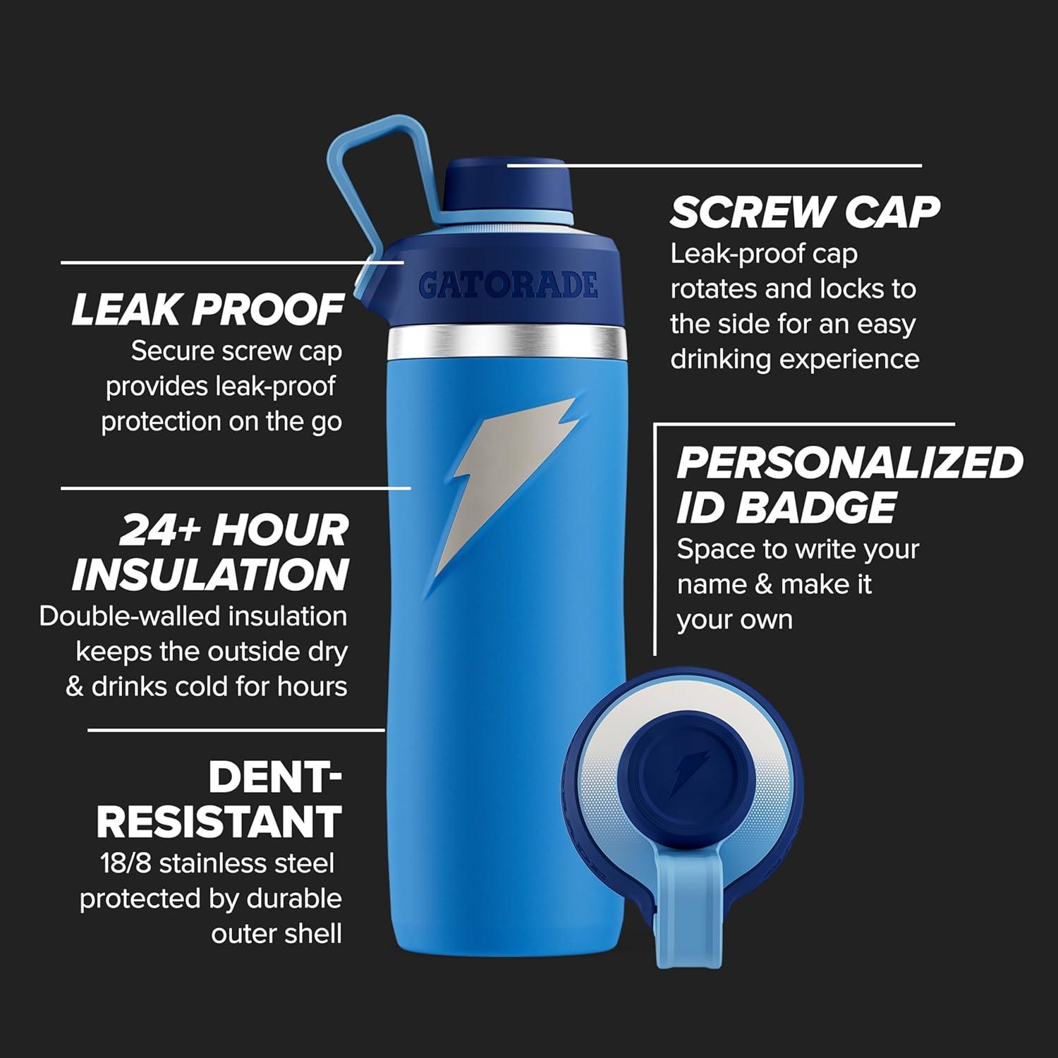 imageGatorade Overtime 22oz Stainless Steel Water Bottle Twist Cap GreyRoyal BlueNavy