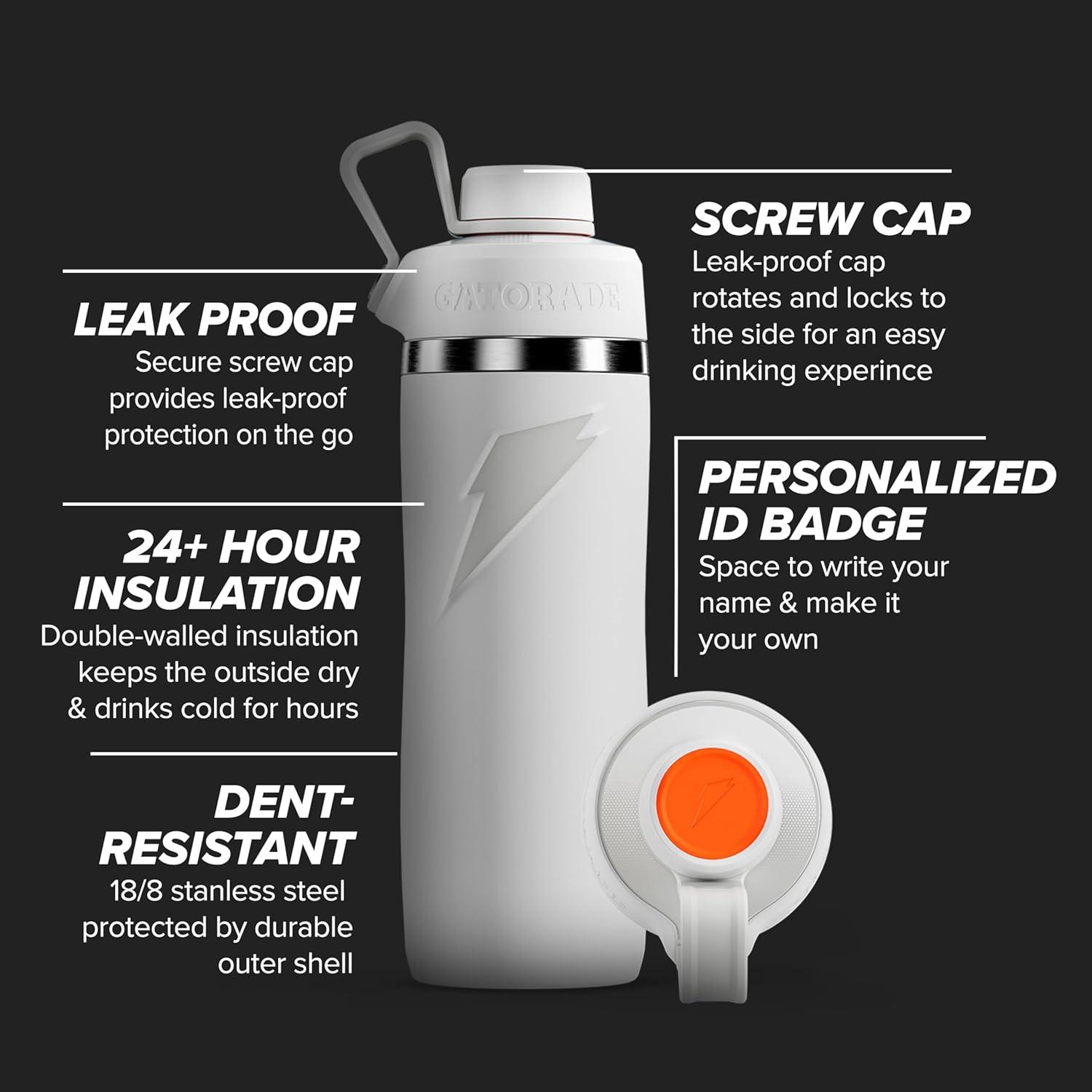 imageGatorade Overtime 22oz Stainless Steel Water Bottle Twist Cap White