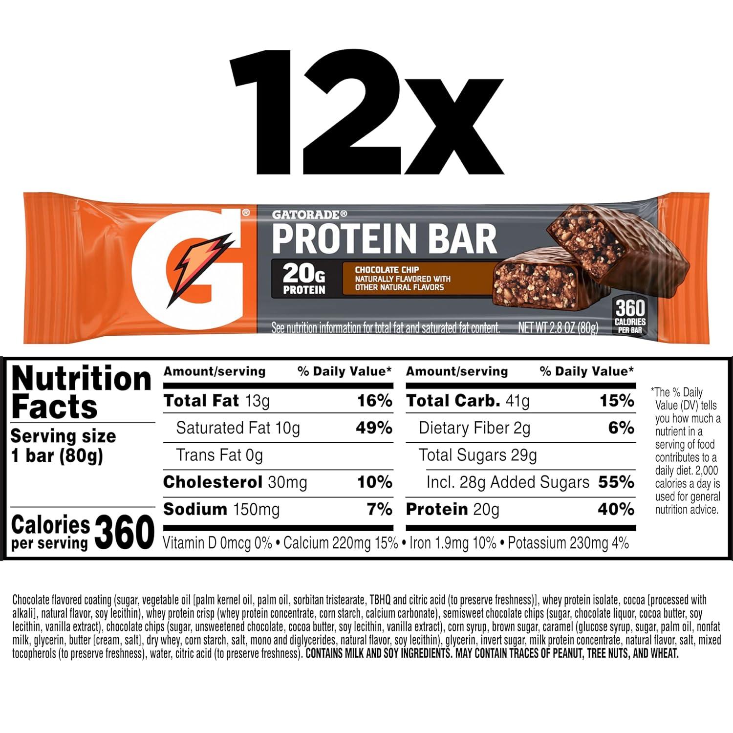 imageGatorade Whey Protein Recover Bars Chocolate Chip 28 ouncePack of 12Chocolate Chip