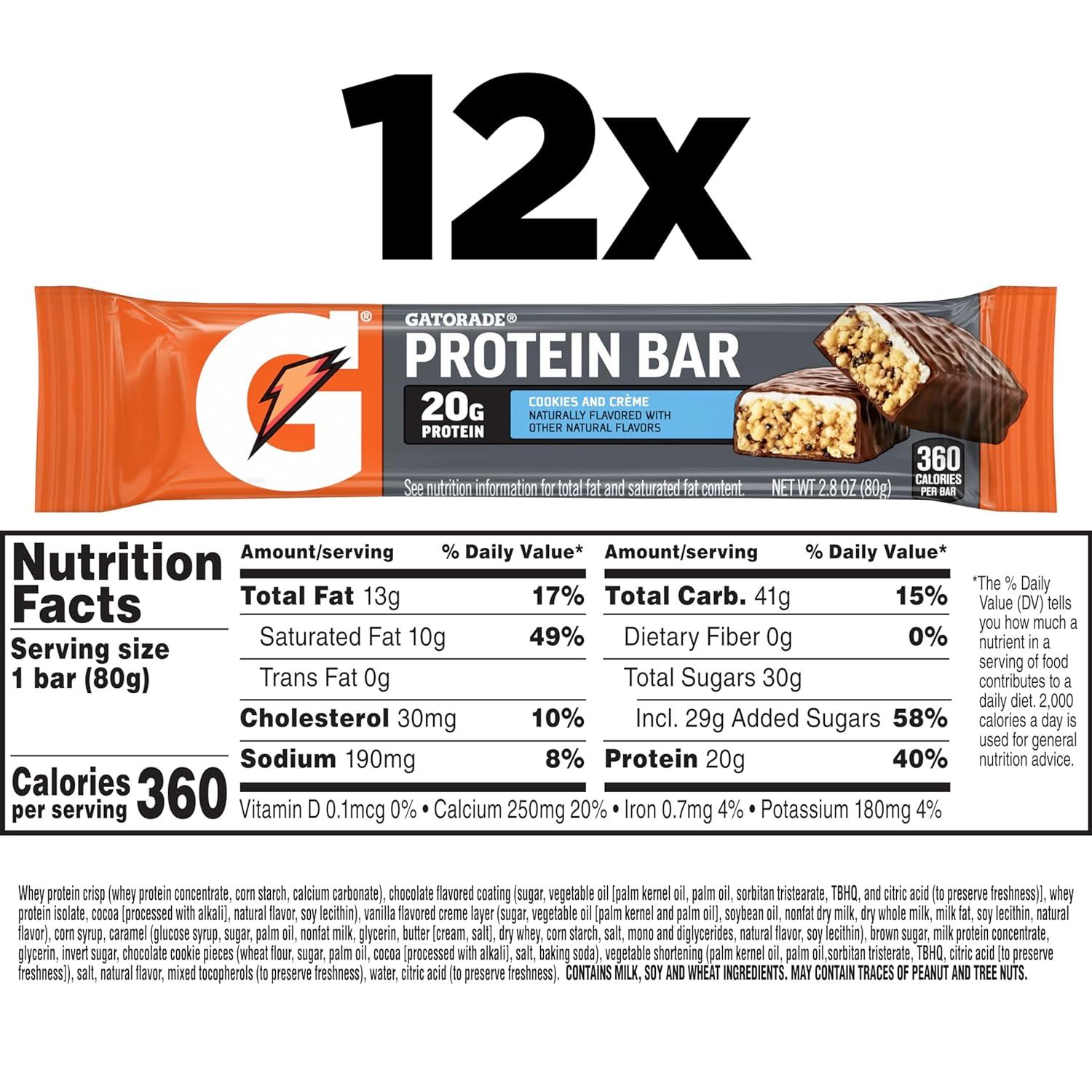 imageGatorade Whey Protein Recover Bars Chocolate Chip 28 ouncePack of 12Cookies And Cream
