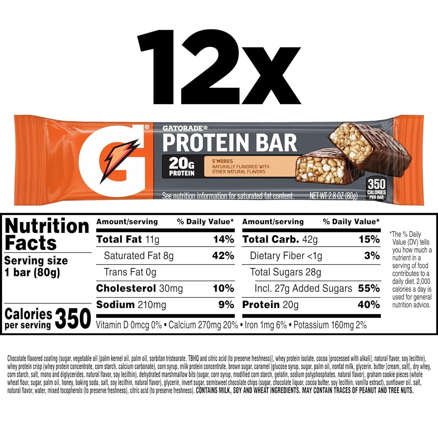 imageGatorade Whey Protein Recover Bars Chocolate Chip 28 ouncePack of 12Smores