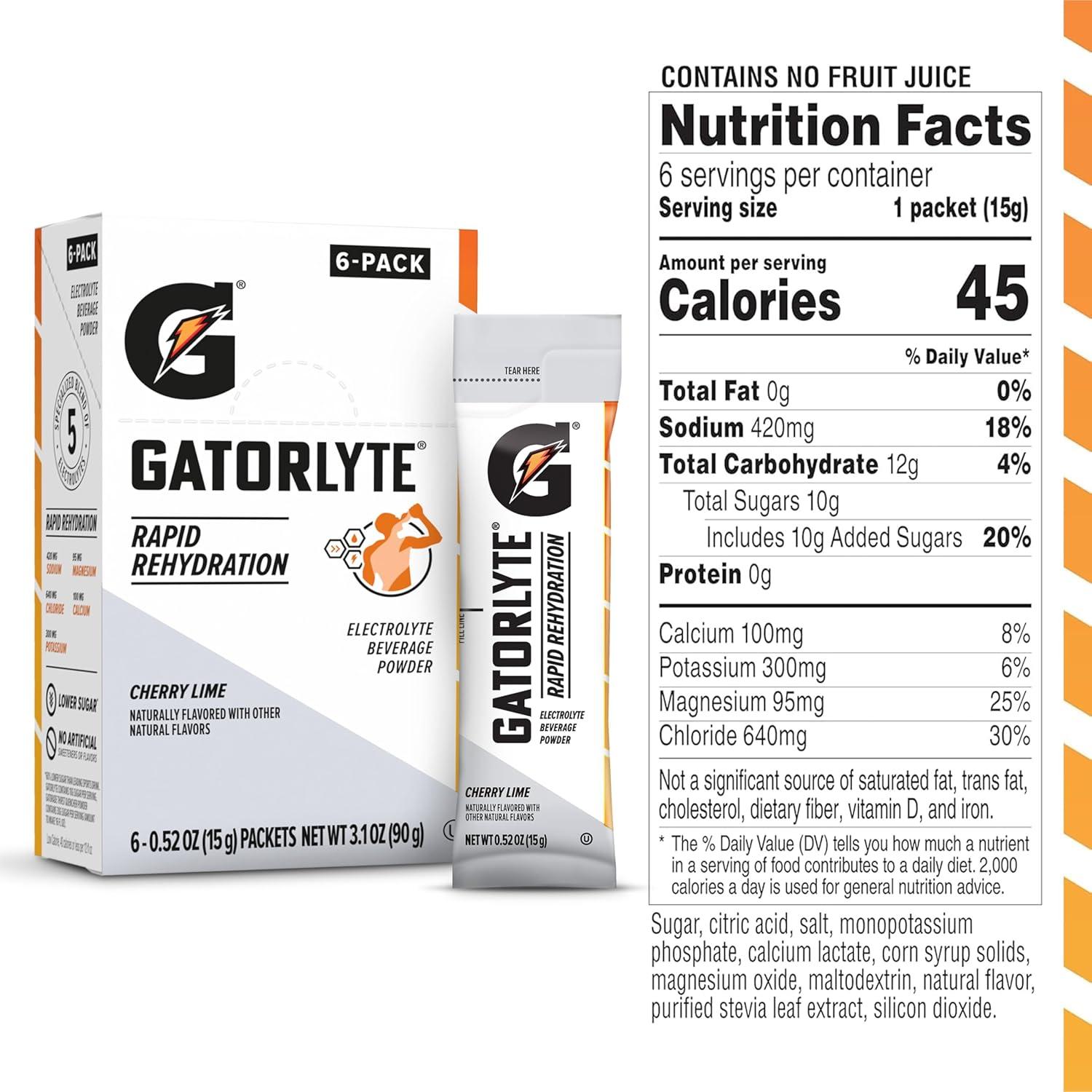 imageGatorlyte Rapid Rehydration Electrolyte Beverage Variety Pack Lower Sugar Specialized Blend of 5 Electrolytes No Artificial Sweeteners or Flavors 18 pack 1 pack mixes with 169oz 500ml waterCherry Lime