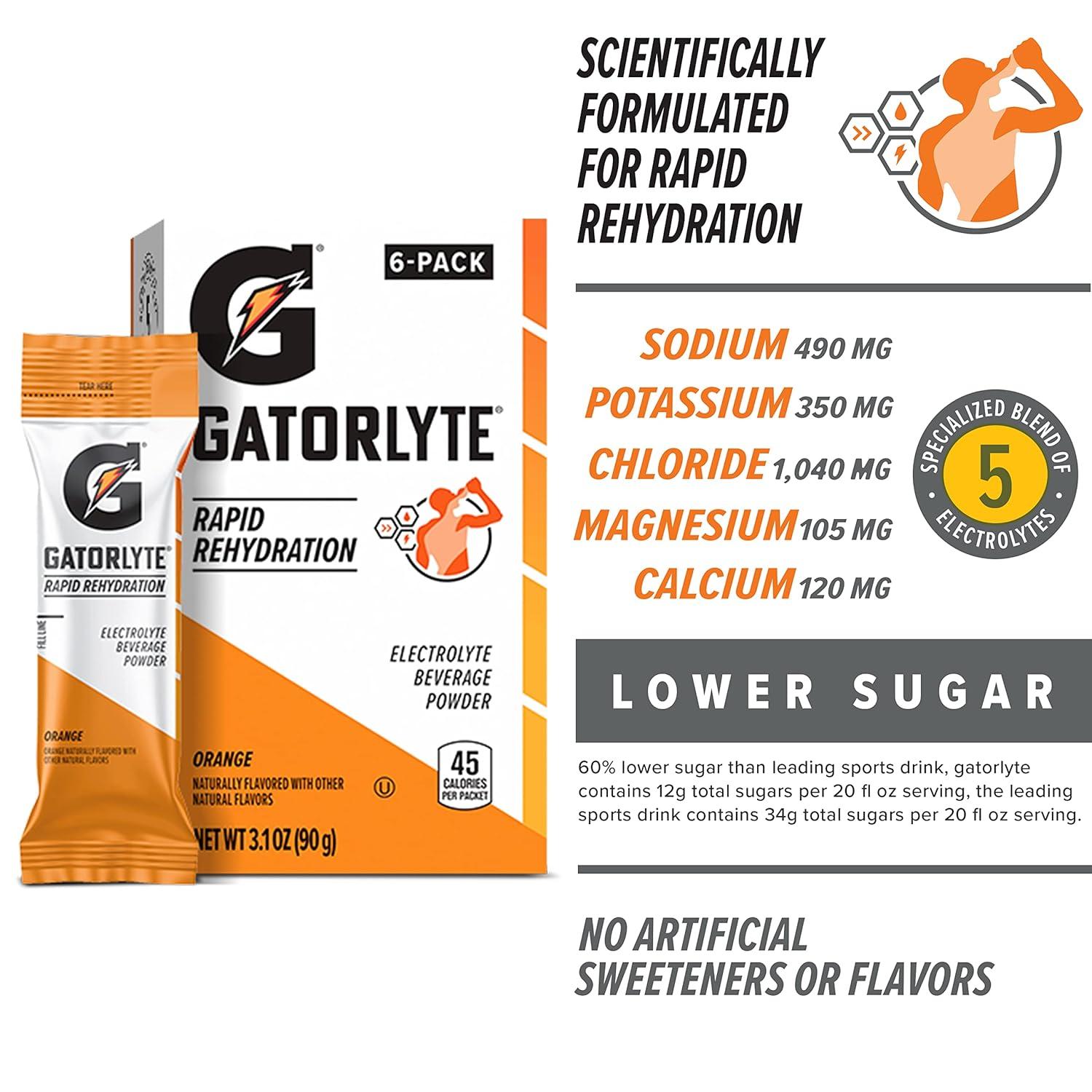 imageGatorlyte Rapid Rehydration Electrolyte Beverage Variety Pack Lower Sugar Specialized Blend of 5 Electrolytes No Artificial Sweeteners or Flavors 18 pack 1 pack mixes with 169oz 500ml waterOrange