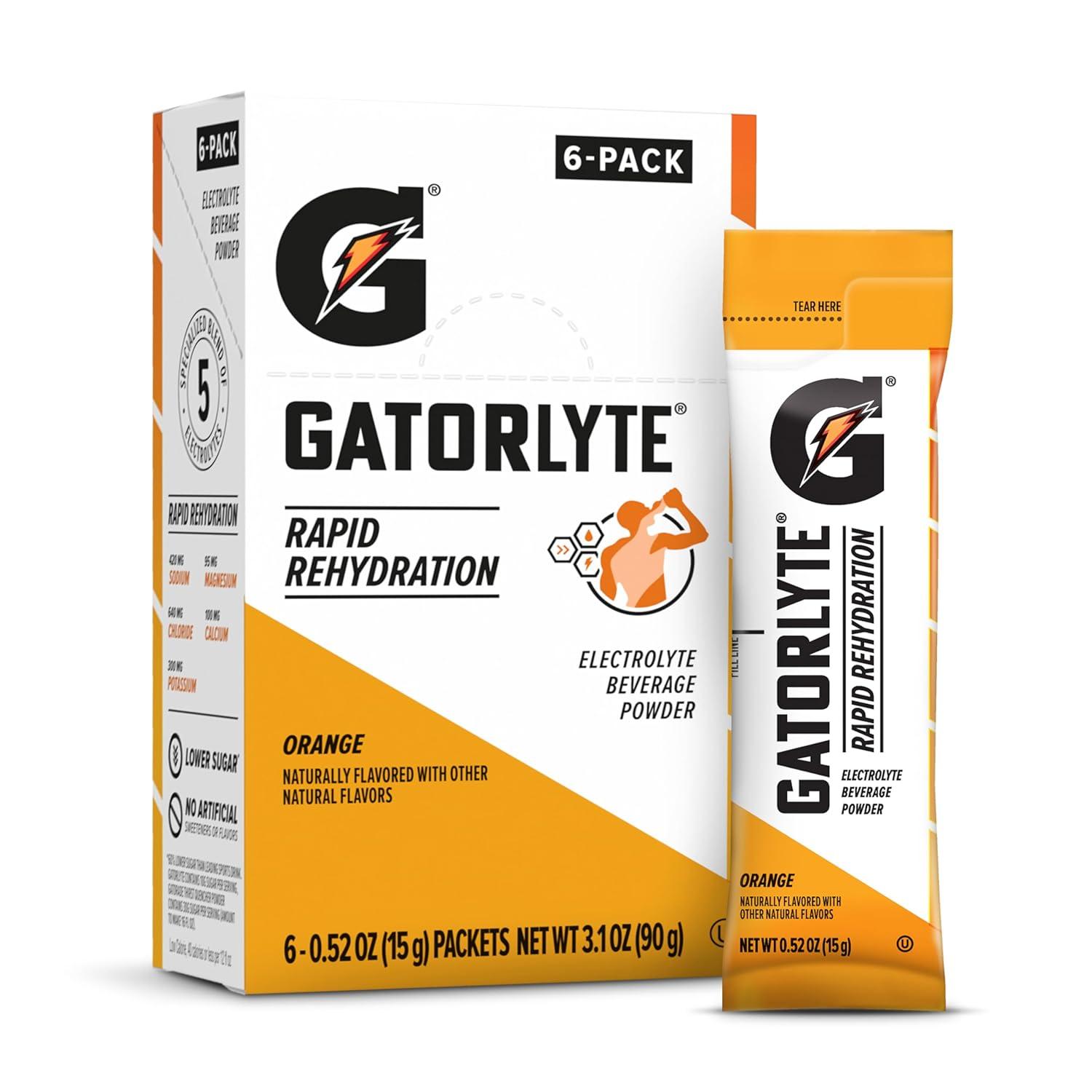 imageGatorlyte Rapid Rehydration Electrolyte Beverage Variety Pack Lower Sugar Specialized Blend of 5 Electrolytes No Artificial Sweeteners or Flavors 18 pack 1 pack mixes with 169oz 500ml waterOrange
