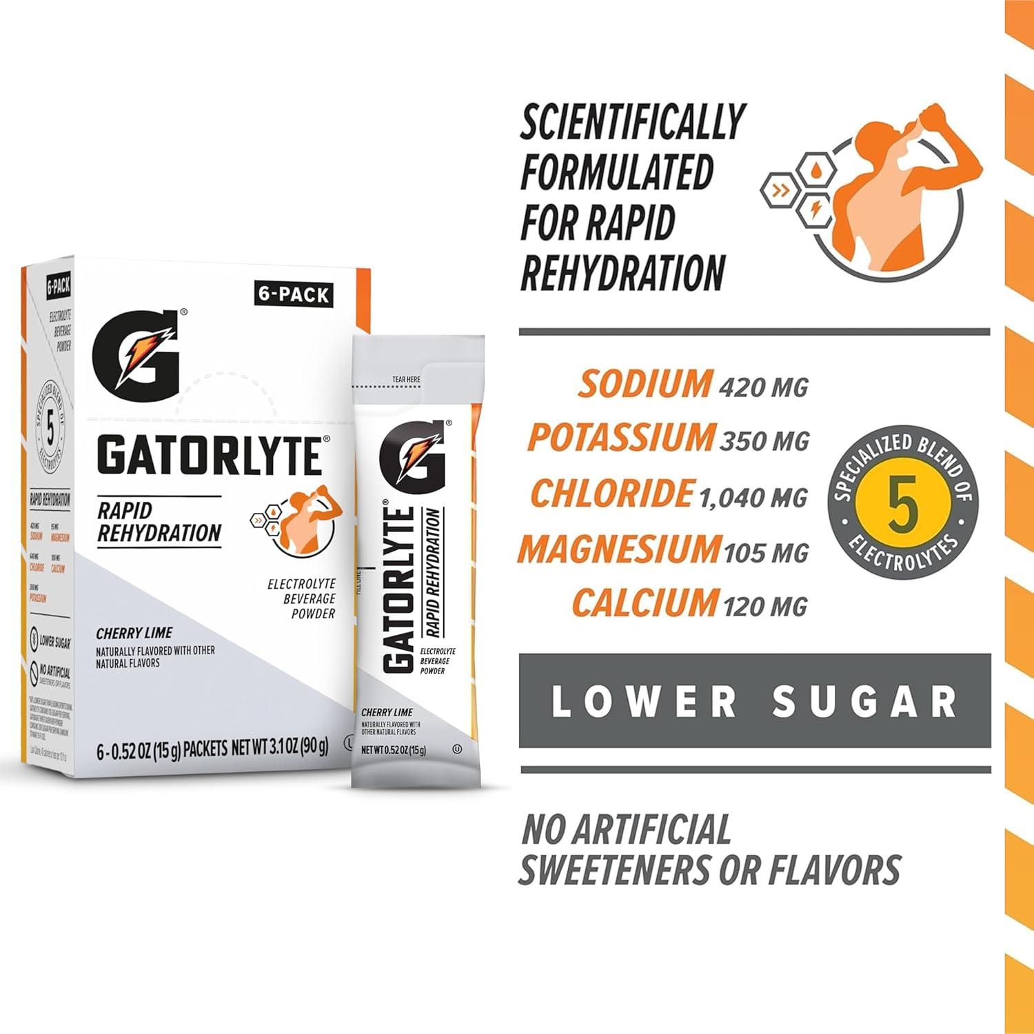 imageGatorlyte Rapid Rehydration Electrolyte Beverage Variety Pack Lower Sugar Specialized Blend of 5 Electrolytes No Artificial Sweeteners or Flavors 18 pack 1 pack mixes with 169oz 500ml waterCherry Lime