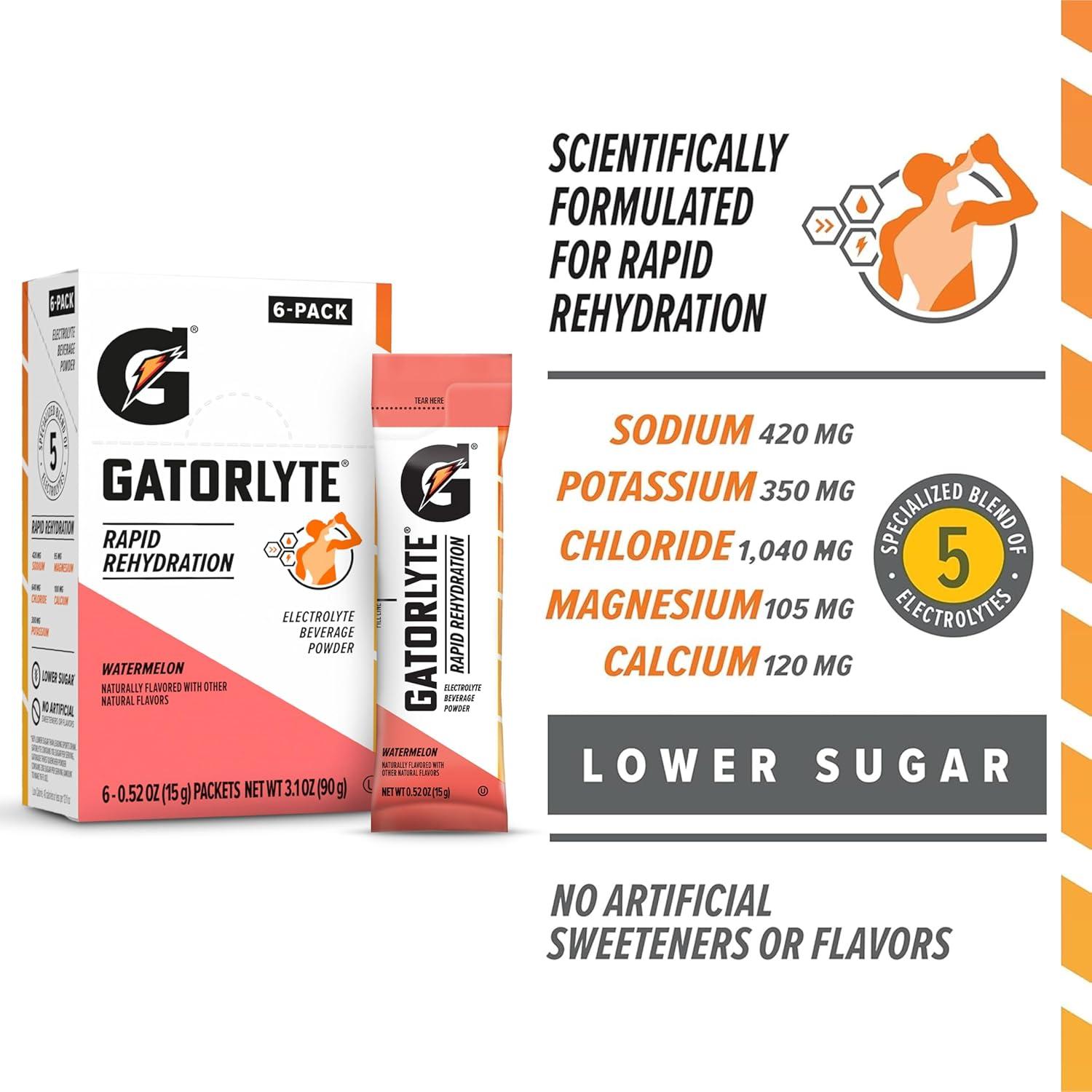 imageGatorlyte Rapid Rehydration Electrolyte Beverage Variety Pack Lower Sugar Specialized Blend of 5 Electrolytes No Artificial Sweeteners or Flavors 18 pack 1 pack mixes with 169oz 500ml waterWatermelon