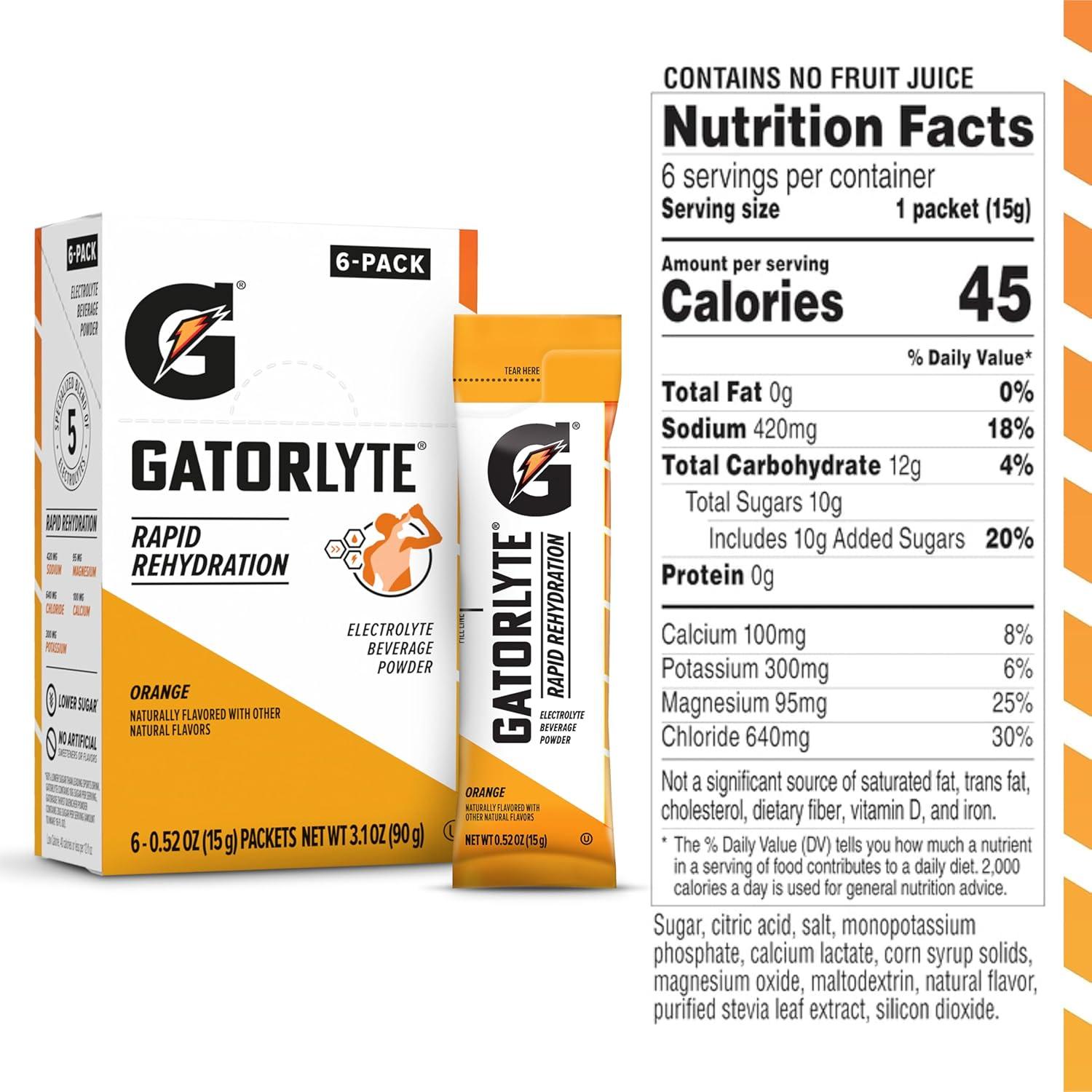 imageGatorlyte Rapid Rehydration Electrolyte Beverage Variety Pack Lower Sugar Specialized Blend of 5 Electrolytes No Artificial Sweeteners or Flavors 18 pack 1 pack mixes with 169oz 500ml waterOrange