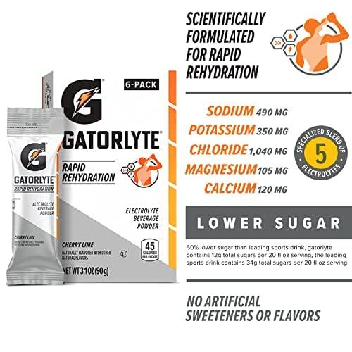 imageGatorlyte Rapid Rehydration Electrolyte Beverage Variety Pack Lower Sugar Specialized Blend of 5 Electrolytes No Artificial Sweeteners or Flavors 18 pack 1 pack mixes with 169oz 500ml waterCherry Lime