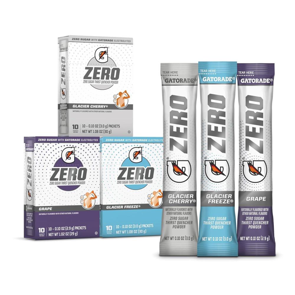 imageGatorade G Zero Sports Drink Mix Powder Packets 3 Flavor Frost Variety Pack Electrolyte Powder Drink Mix for Hydration Zero Sugar 30 Total PacketsFrost Variety