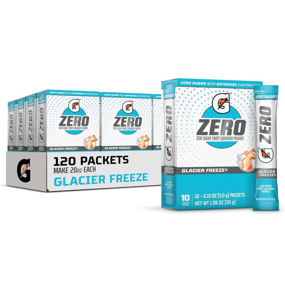imageGatorade G Zero Sports Drink Mix Powder Packets Fruit Punch Electrolyte Powder Drink Mix for Hydration Zero Sugar Total 120 PacketsGlacier Freeze