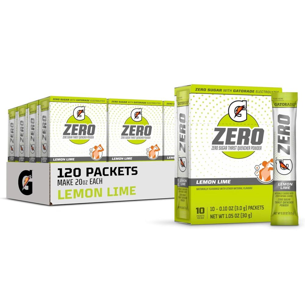imageGatorade G Zero Sports Drink Mix Powder Packets Fruit Punch Electrolyte Powder Drink Mix for Hydration Zero Sugar Total 120 PacketsLemonLime