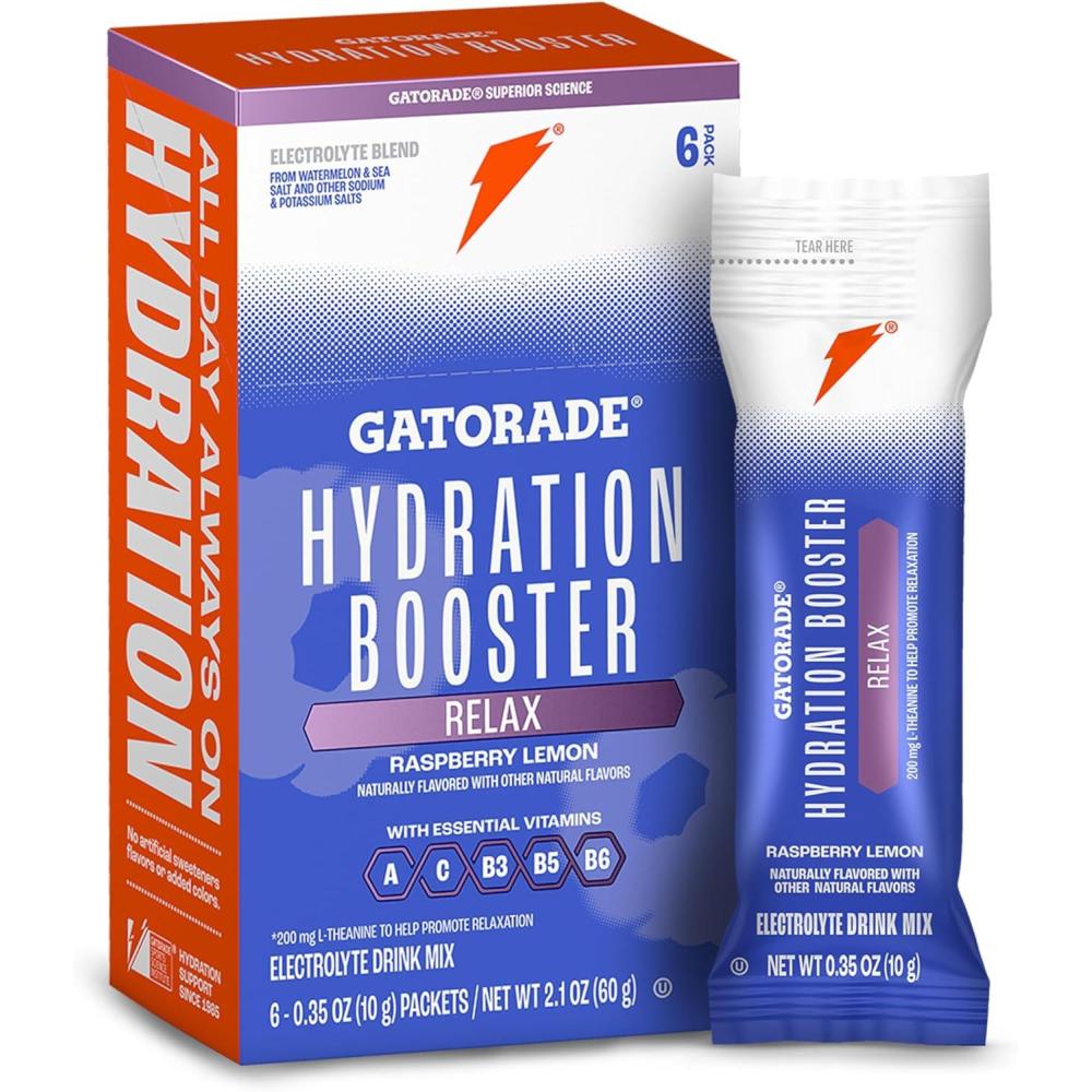 imageGatorade Hydration Booster Electrolyte Drink Mix Powder Packets Tropical Mango Advanced Electrolyte Blend No Added Colors No Artificial Sweeteners Essential Vitamins A C B3 B5 B6 Makes 20 Fl Oz 6 PackRaspberry Lemon  Relax