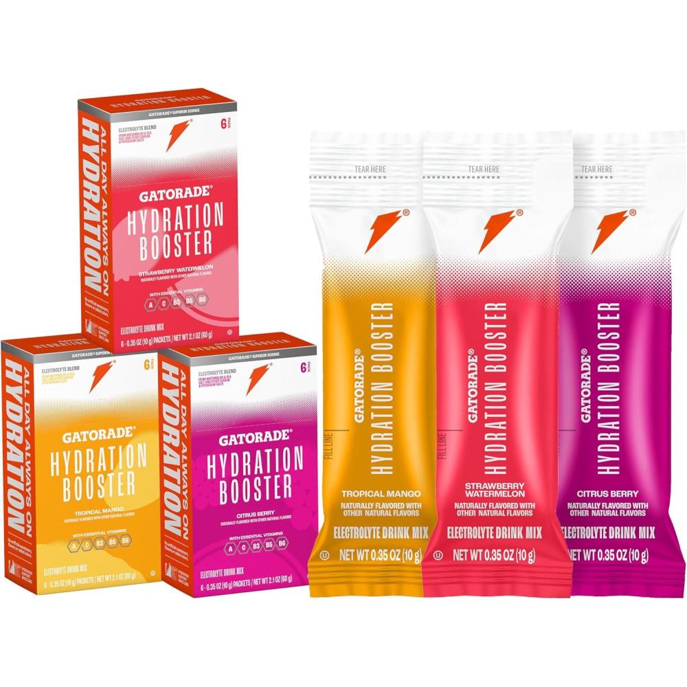 imageGatorade Hydration Booster Electrolyte Drink Mix Powder Packets Tropical Mango Advanced Electrolyte Blend No Added Colors No Artificial Sweeteners Essential Vitamins A C B3 B5 B6 Makes 20 Fl Oz 6 Pack3 Flavor Variety