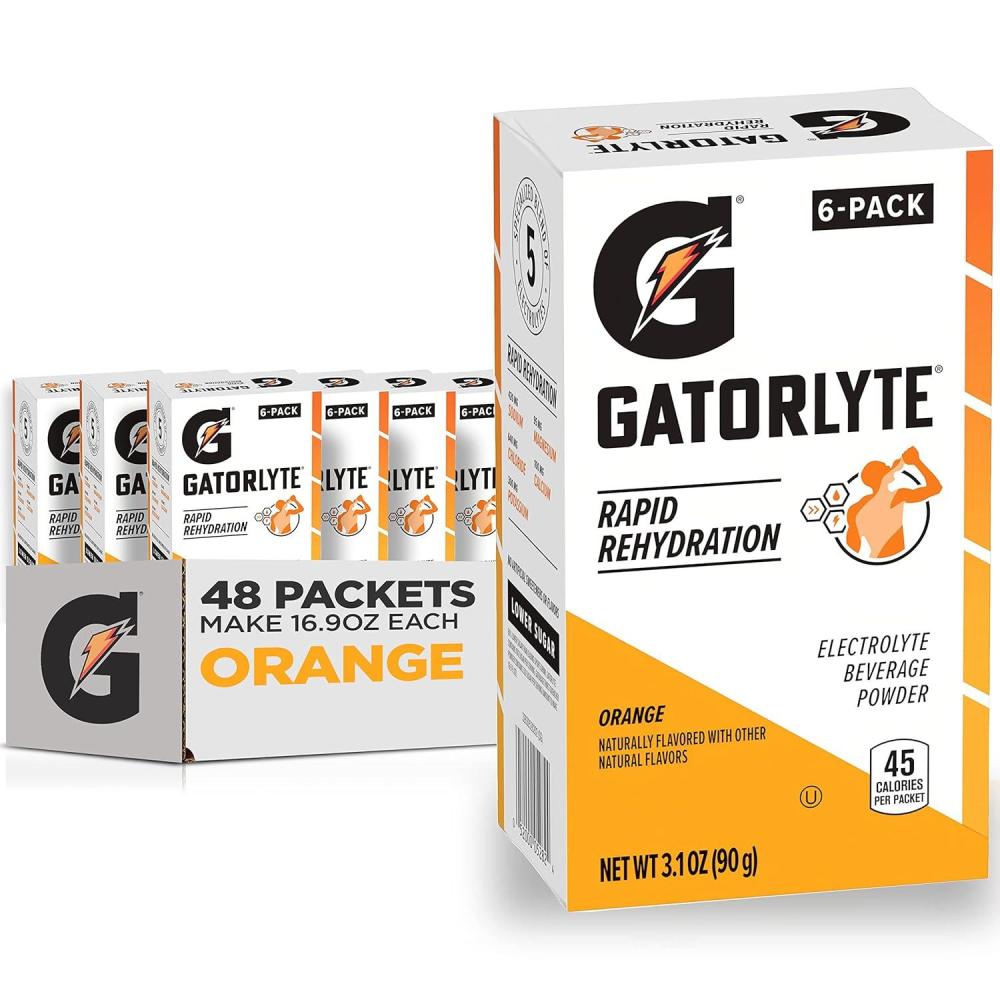 imageGatorlyte Rapid Rehydration Electrolyte Beverage Variety Pack Lower Sugar Specialized Blend of 5 Electrolytes No Artificial Sweeteners or Flavors 18 pack 1 pack mixes with 169oz 500ml waterOrange