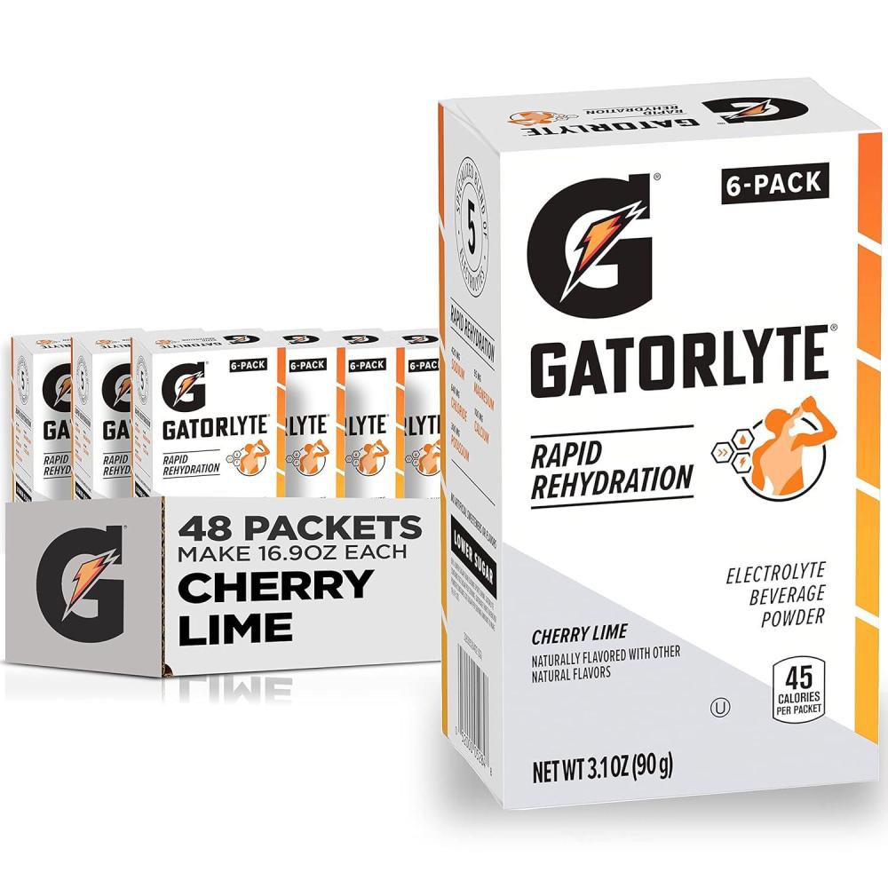 imageGatorlyte Rapid Rehydration Electrolyte Beverage Variety Pack Lower Sugar Specialized Blend of 5 Electrolytes No Artificial Sweeteners or Flavors 18 pack 1 pack mixes with 169oz 500ml waterCherry Lime