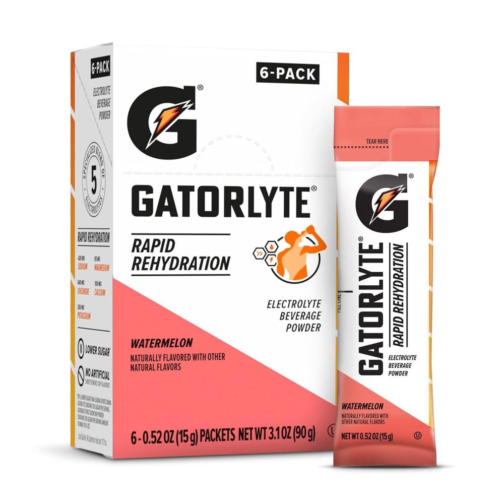 imageGatorlyte Rapid Rehydration Electrolyte Beverage Variety Pack Lower Sugar Specialized Blend of 5 Electrolytes No Artificial Sweeteners or Flavors 18 pack 1 pack mixes with 169oz 500ml waterWatermelon