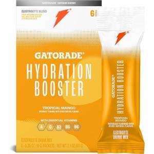 Gatorade Hydration Booster Electrolyte Drink Mix Powder Packets, Tropical Mango, Advanced Electrolyte Blend, No Added Colors, No Artificial Sweeteners, Essential Vitamins A, C, B3, B5, B6, Makes 20 Fl Oz, (6 Pack)(Tropical Mango)