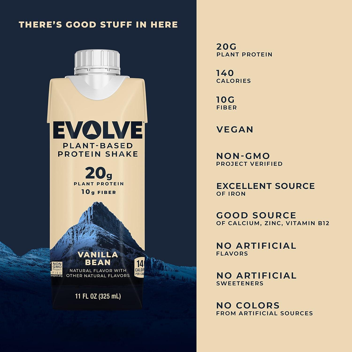 imageEvolve Plant Based Protein Shake Vanilla Bean 20g Vegan Protein Dairy Free No Artificial Sweeteners NonGMO 10g Fiber 11 Fl Oz Pack of 12 Formula May VaryVanilla