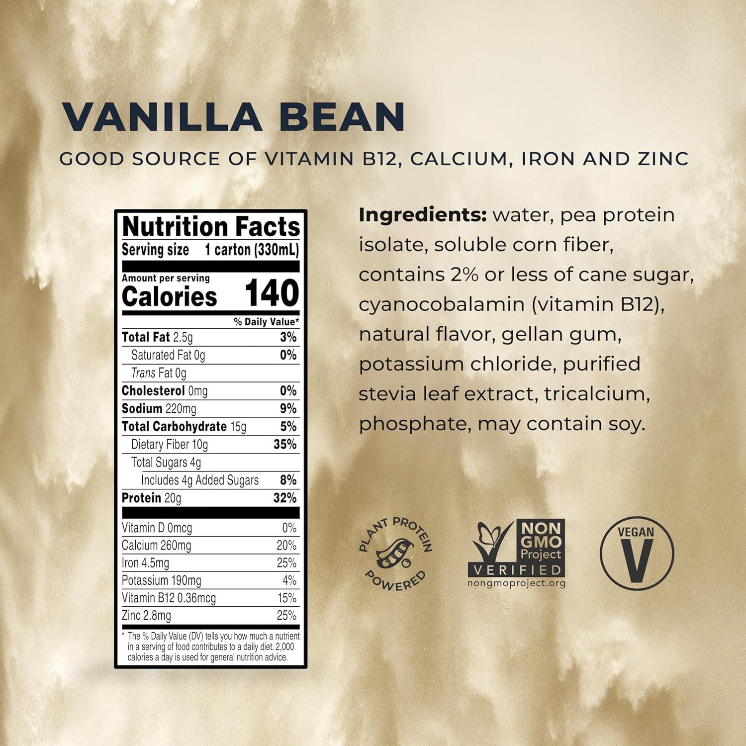 imageEvolve Plant Based Protein Shake Vanilla Bean 20g Vegan Protein Dairy Free No Artificial Sweeteners NonGMO 10g Fiber 11 Fl Oz Pack of 12 Formula May VaryVanilla