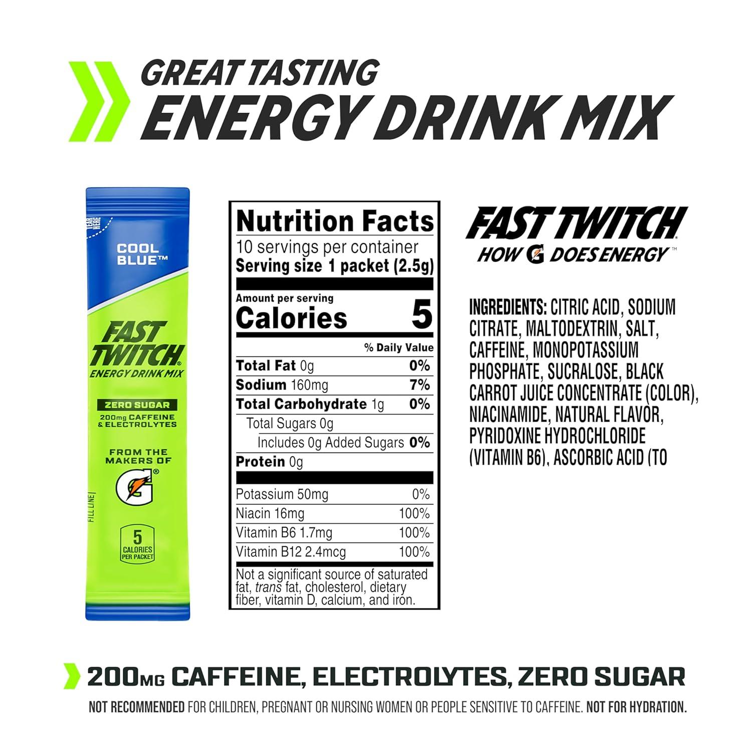imageFast Twitch Energy Drink Mix from Gatorade Powder Sticks Strawberry Watermelon 008oz Packets 10 Pack Zero Sugar Electrolytes CaffeineCool Blue