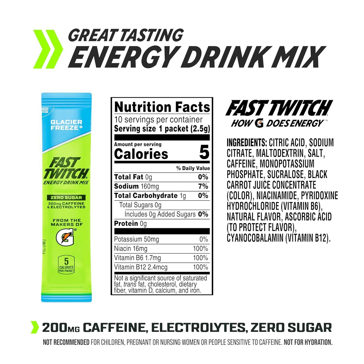 imageFast Twitch Energy Drink Mix from Gatorade Powder Sticks Strawberry Watermelon 008oz Packets 10 Pack Zero Sugar Electrolytes CaffeineGlacier Freeze