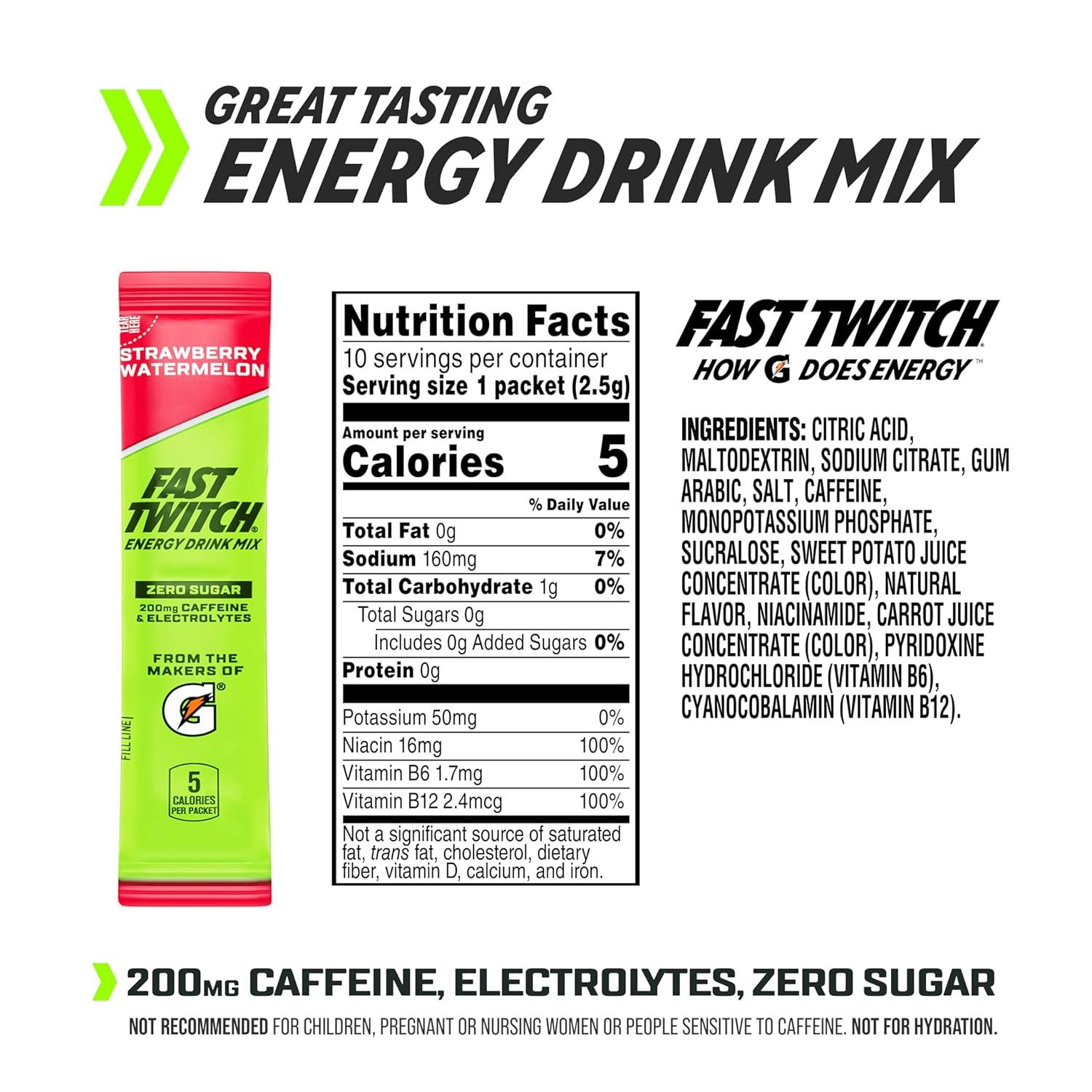 imageFast Twitch Energy Drink Mix from Gatorade Powder Sticks Strawberry Watermelon 008oz Packets 10 Pack Zero Sugar Electrolytes CaffeineStrawberry Watermelon