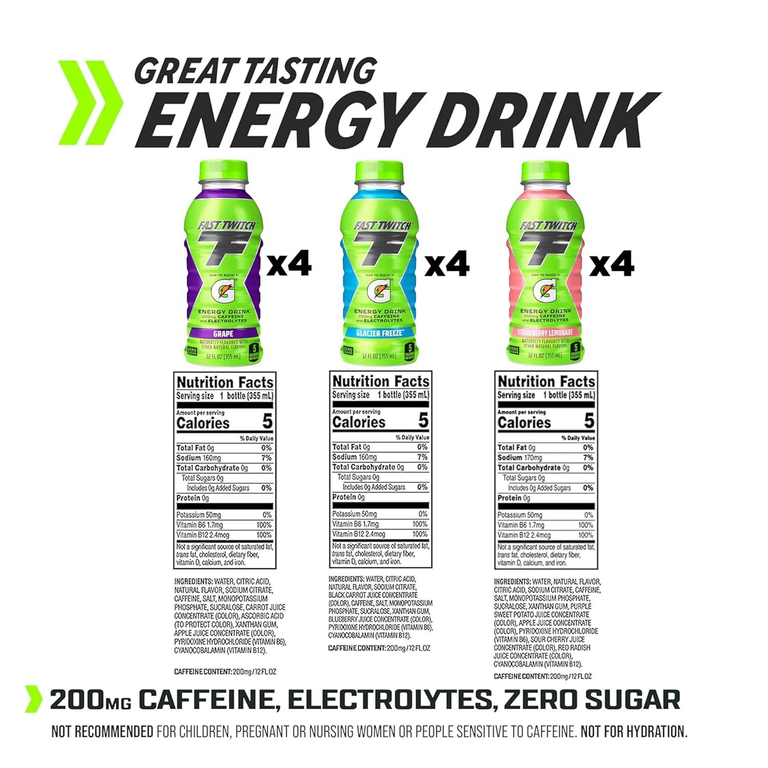 imageFast Twitch Energy Drink from the Makers of Gatorade Glacier Freeze Strawberry Lemonade Grape Variety Pack 12 Fl Oz Pack of 12