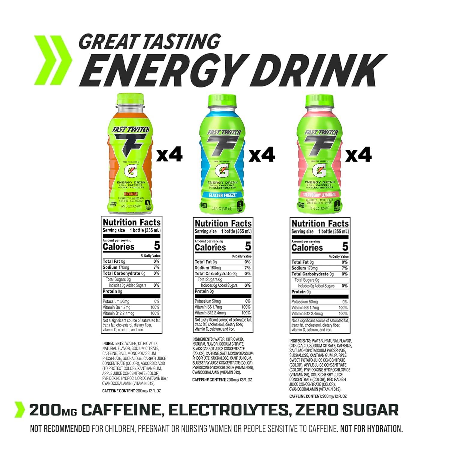 imageFast Twitch Energy drink from Gatorade Cool Blue 12oz Bottles 12 Pack 200mg Caffeine Zero Sugar Electrolytes3Flavor Variety Pack