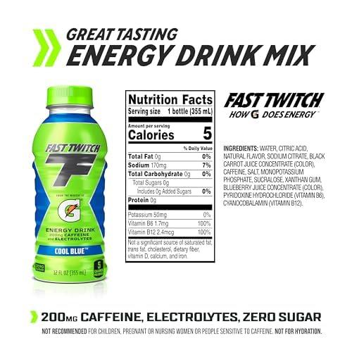 imageFast Twitch Energy drink from Gatorade Cool Blue 12oz Bottles 12 Pack 200mg Caffeine Zero Sugar ElectrolytesCool Blue