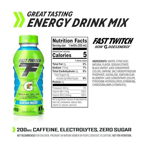imageFast Twitch Energy drink from Gatorade Cool Blue 12oz Bottles 12 Pack 200mg Caffeine Zero Sugar ElectrolytesGlacier Freeze