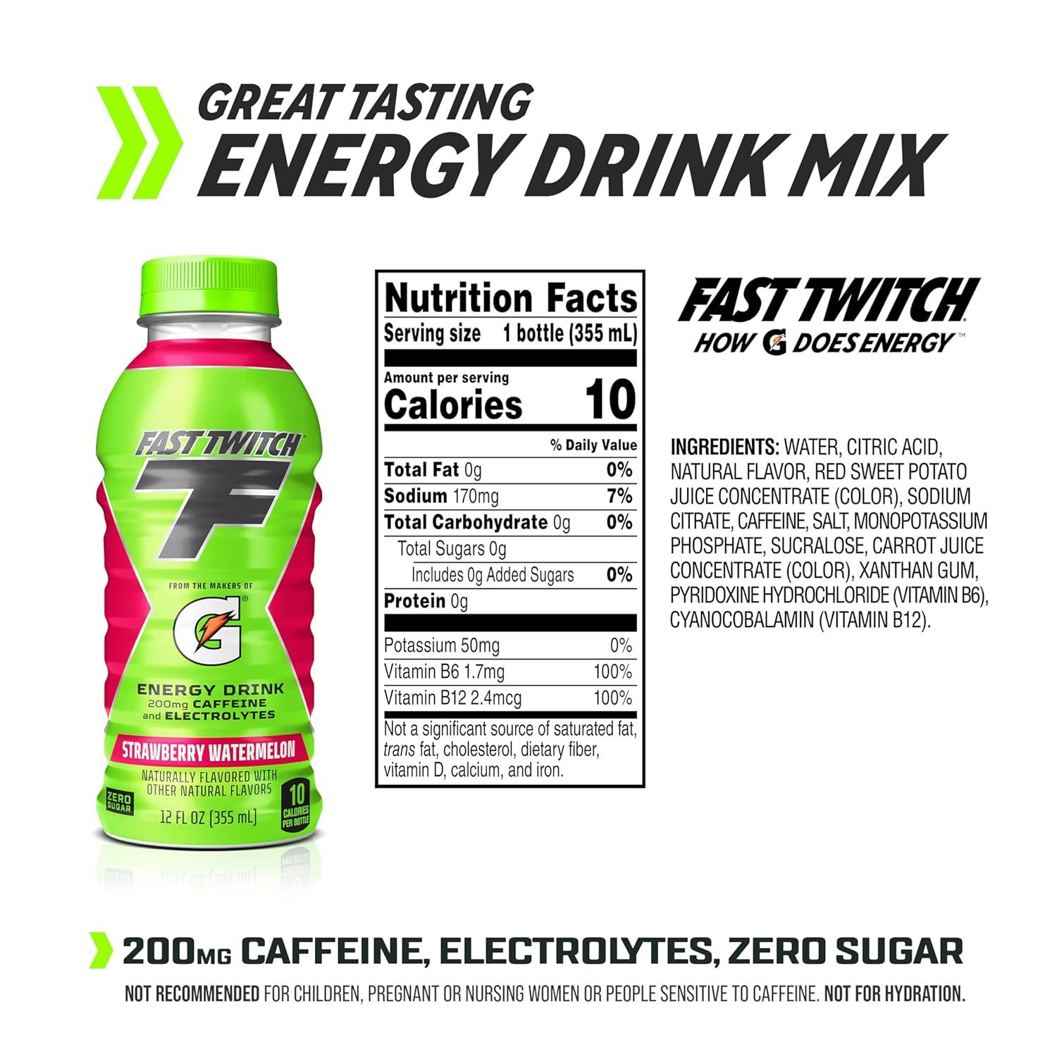 imageFast Twitch Energy drink from Gatorade Cool Blue 12oz Bottles 12 Pack 200mg Caffeine Zero Sugar ElectrolytesStrawberry Watermelon