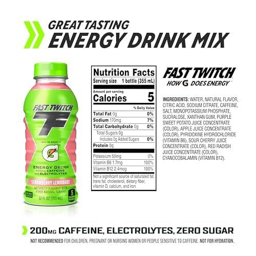 imageFast Twitch Energy drink from Gatorade Strawberry Lemonade 12oz Bottles 12 Pack 200mg Caffeine Zero Sugar Electrolytes